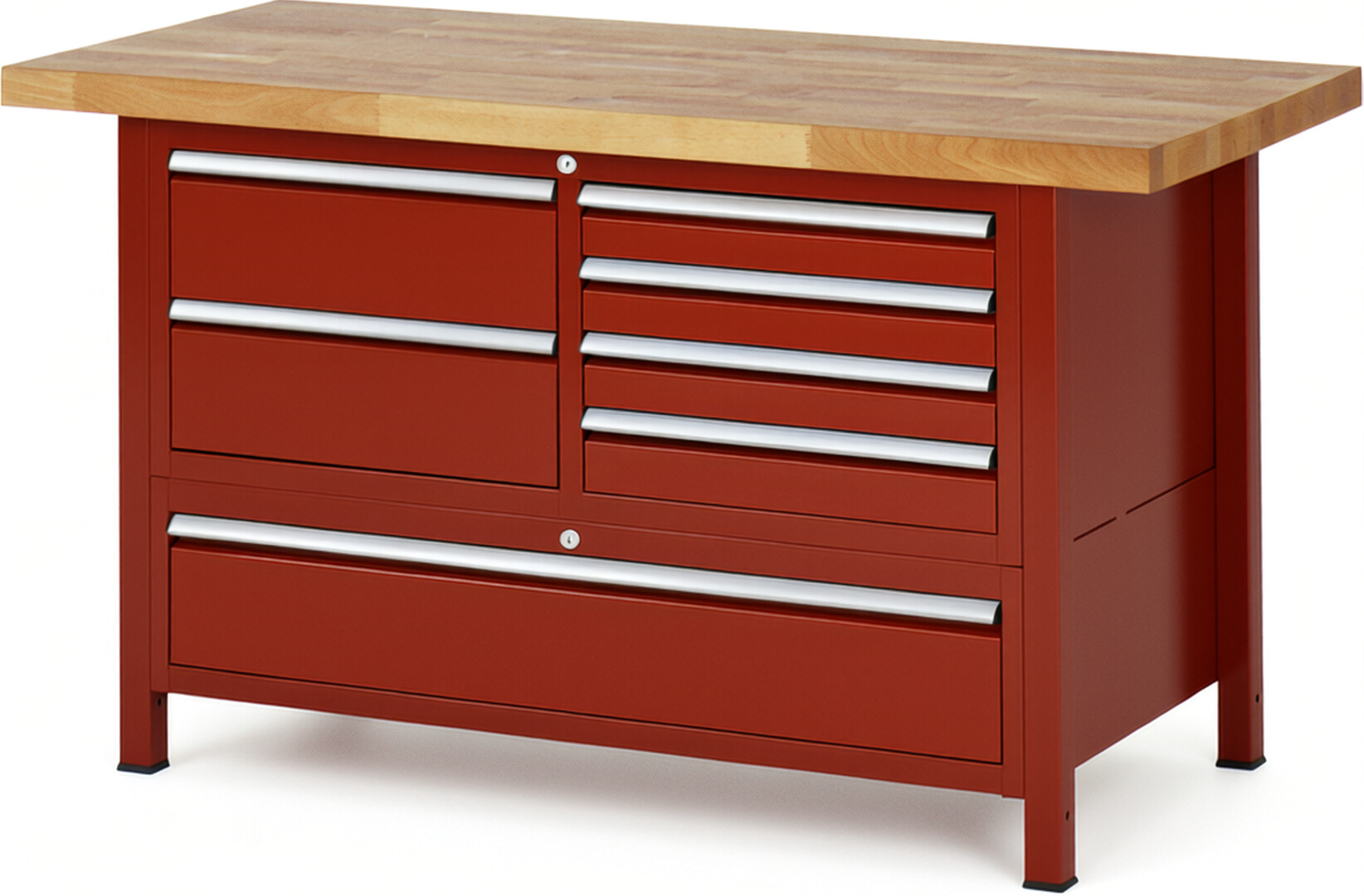 Werkbank Modell 8931 rot, BxTxH 1500x700x840 mm,  Buche-Massiv Arbeitsplatte 40 mm,  7 Schubladen mit  Vollauszug 100 % und  SoftClosing