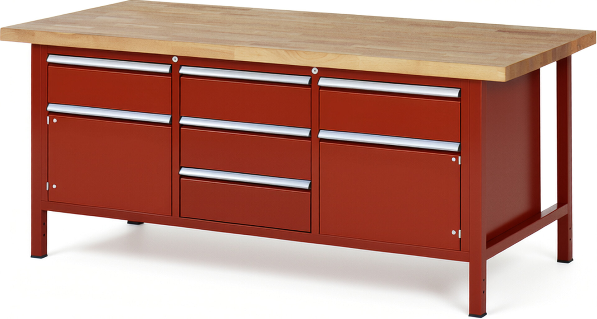 Werkbank Modell 8568 rot, BxTxH 2000x900x840-1040 mm,  Buche-Massiv Arbeitsplatte 40 mm,  5 Schubladen mit  Auszug 90 %