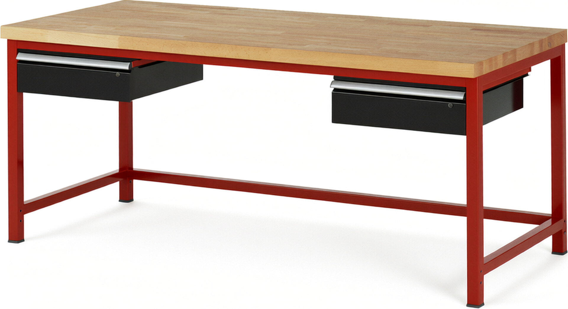 Werkbank Modell 8002 rot - schwarz, BxTxH 2000x900x840-1040 mm,  Buche-Massiv Arbeitsplatte 40 mm,  2 Schubladen mit  Auszug 90 %
