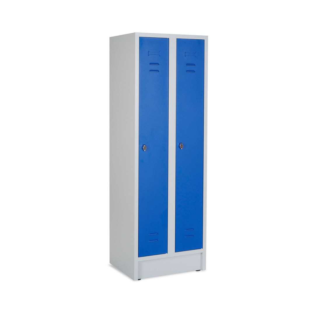 Kleiderspind, 2 Abteile, Abteilbreite 300 mm, Höhe 180 cm, Breite 60 cm, RAL 7035 Lichtgrau / RAL 5010 Enzianblau, mit Sockel, Drehriegelschloss