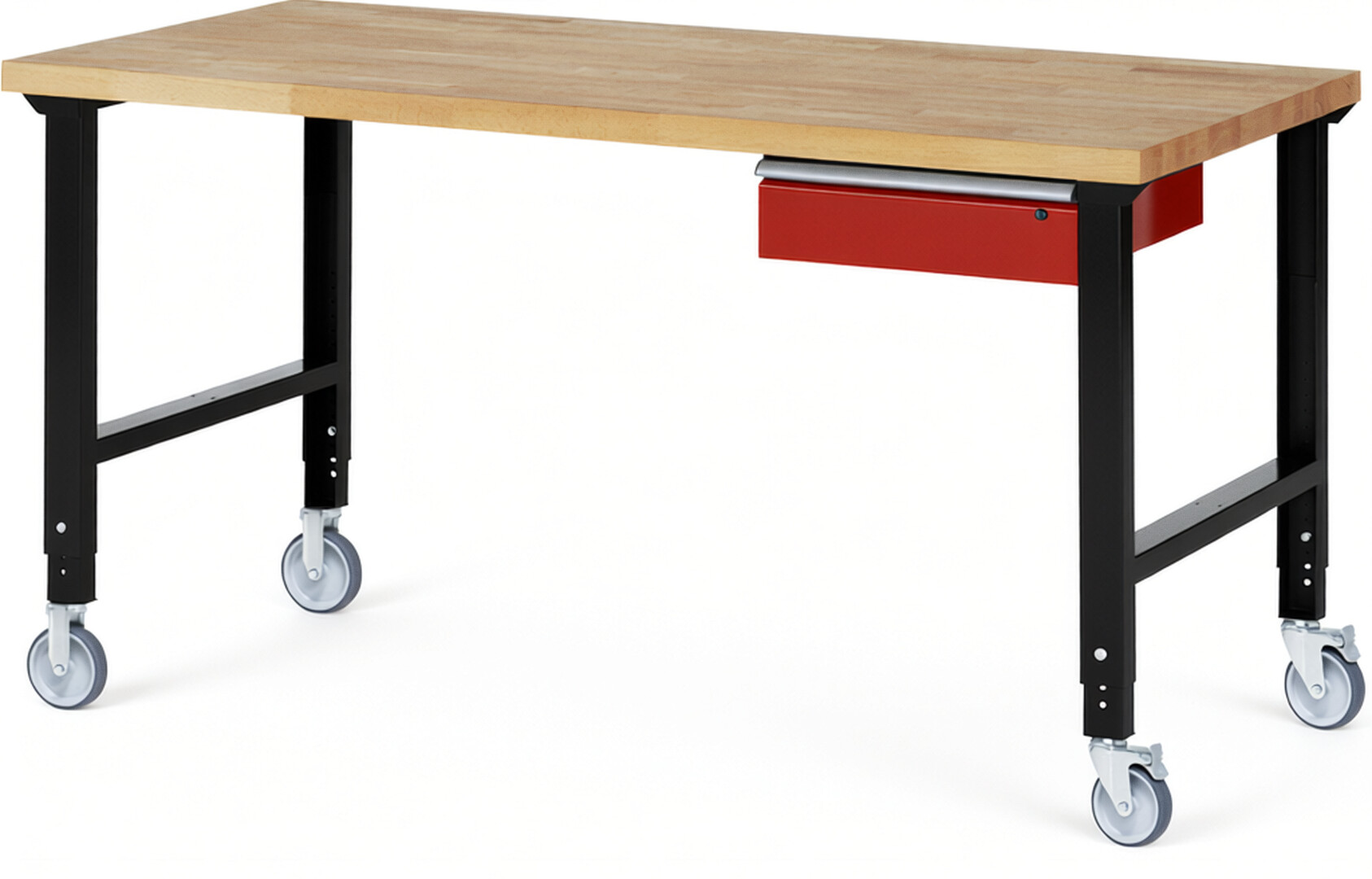 Fahrbare Werkbank Modell 7001 schwarz-rot, BxTxH 2000x900x950-1000 mm,  Buche-Massiv Arbeitsplatte 40 mm,  1 Schublade mit  Auszug 90 %