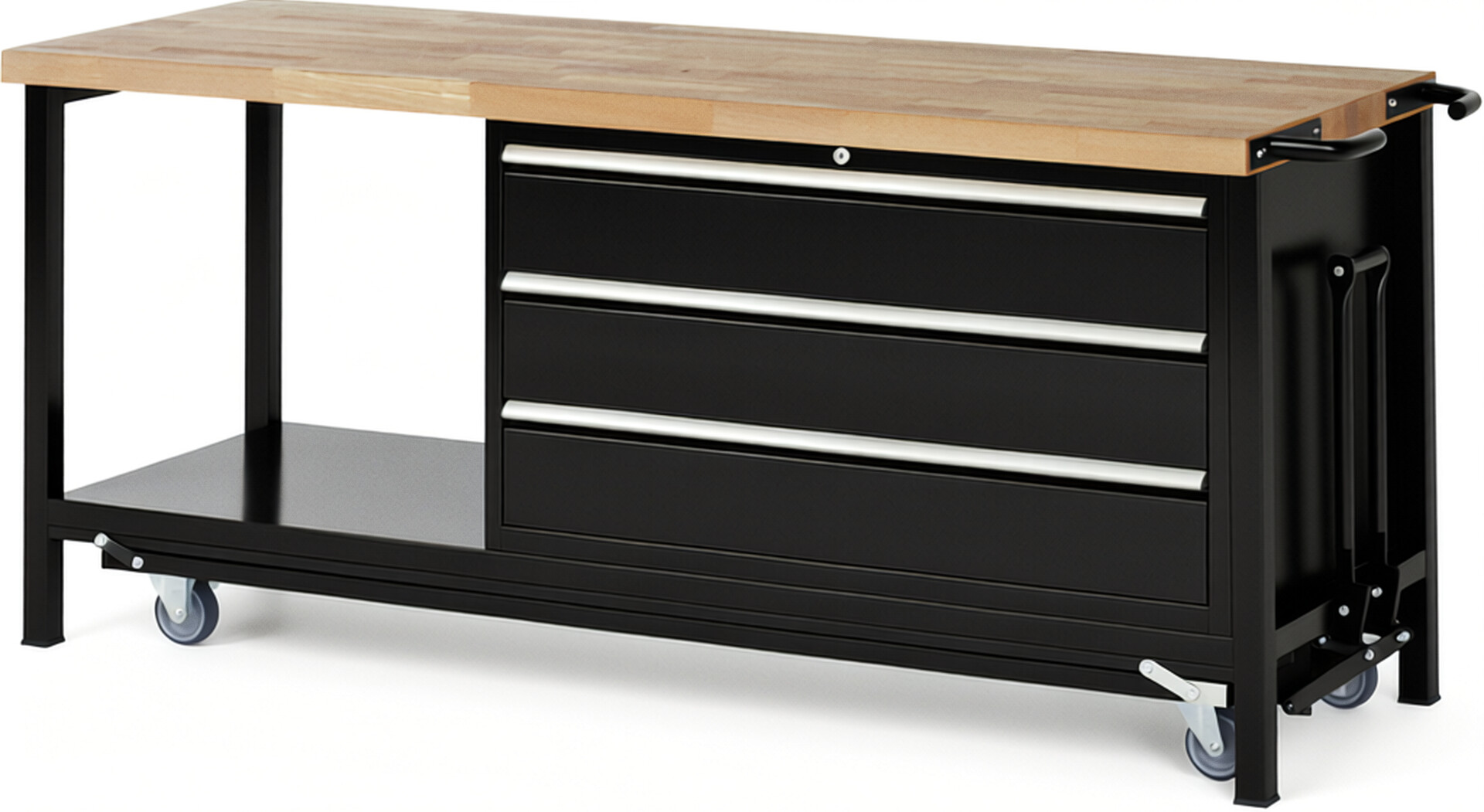 Absenkbare Werkbank Modell 8357 schwarz, BxTxH 2000x700x880 mm,  Buche-Massiv Arbeitsplatte 40 mm,  3 Schubladen mit  Vollauszug 100 % und  SoftClosing
