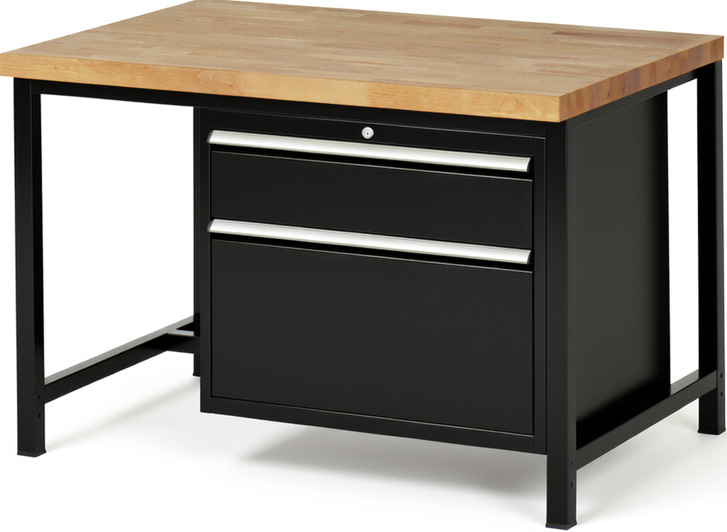 Werkbank Modell 8256 schwarz, BxTxH 1250x900x840 mm,  Buche-Massiv Arbeitsplatte 40 mm,  2 Schubladen mit  Vollauszug 100 % und  SoftClosing