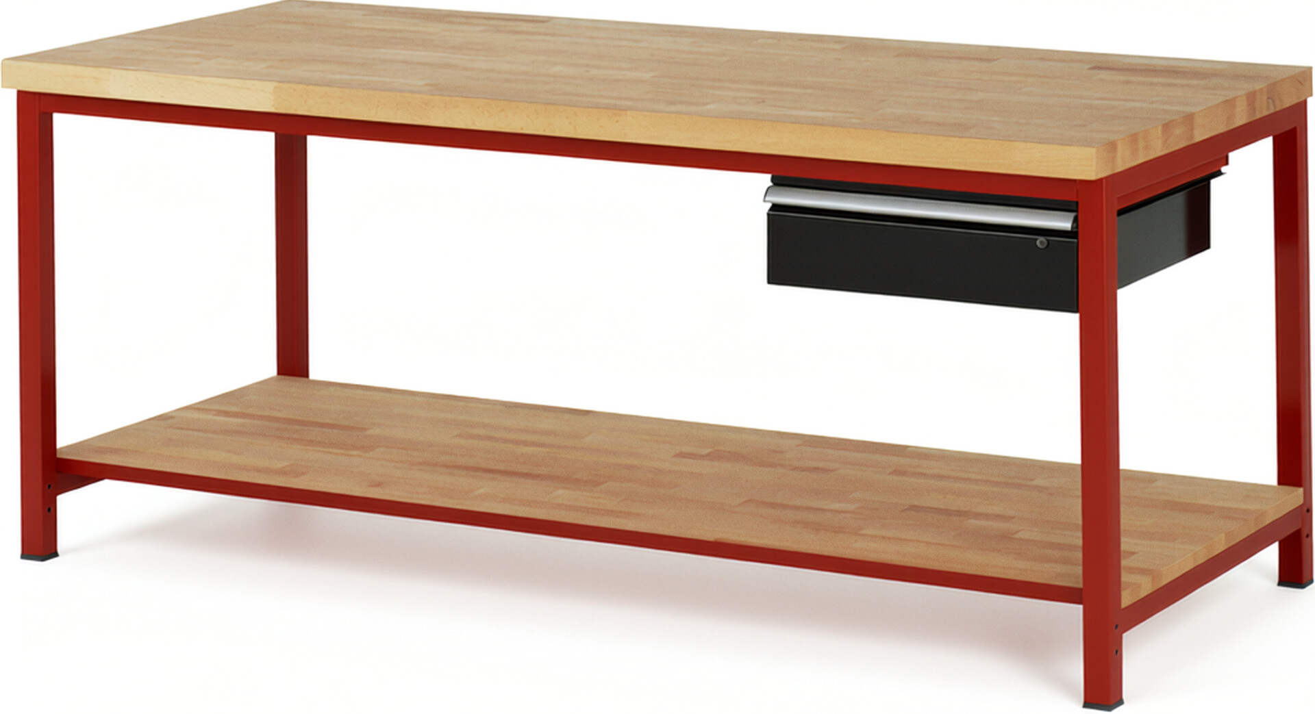 Werkbank Modell 8001 rot - schwarz, BxTxH 2000x900x840-1040 mm,  Buche-Massiv Arbeitsplatte 40 mm,  1 Schublade mit  Auszug 90 %