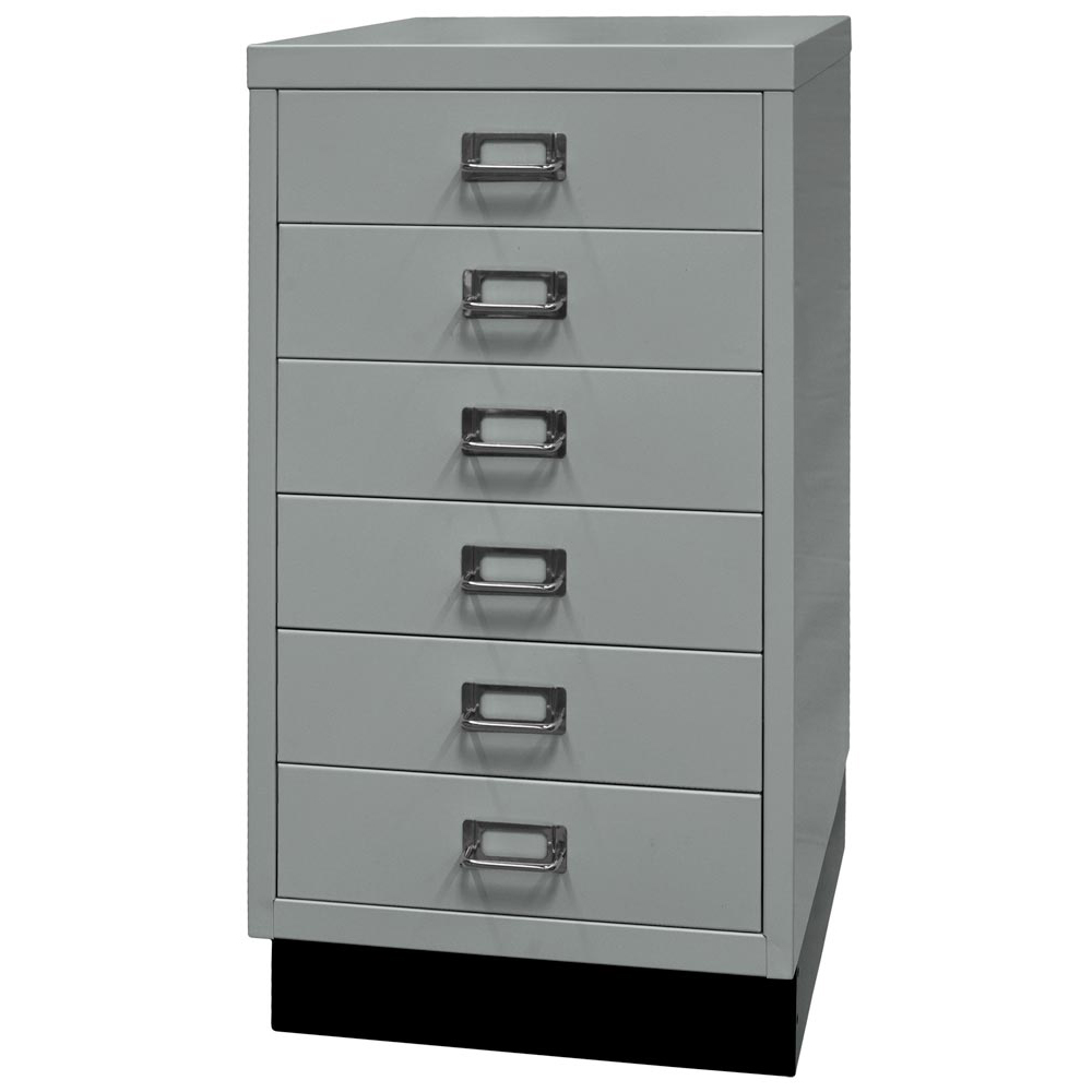 Schubladenschrank aus Stahl, BxTxH 349x432x670 mm, 6 Schubladen 87 mm, DIN A3, Sockel 80 mm hoch, silber