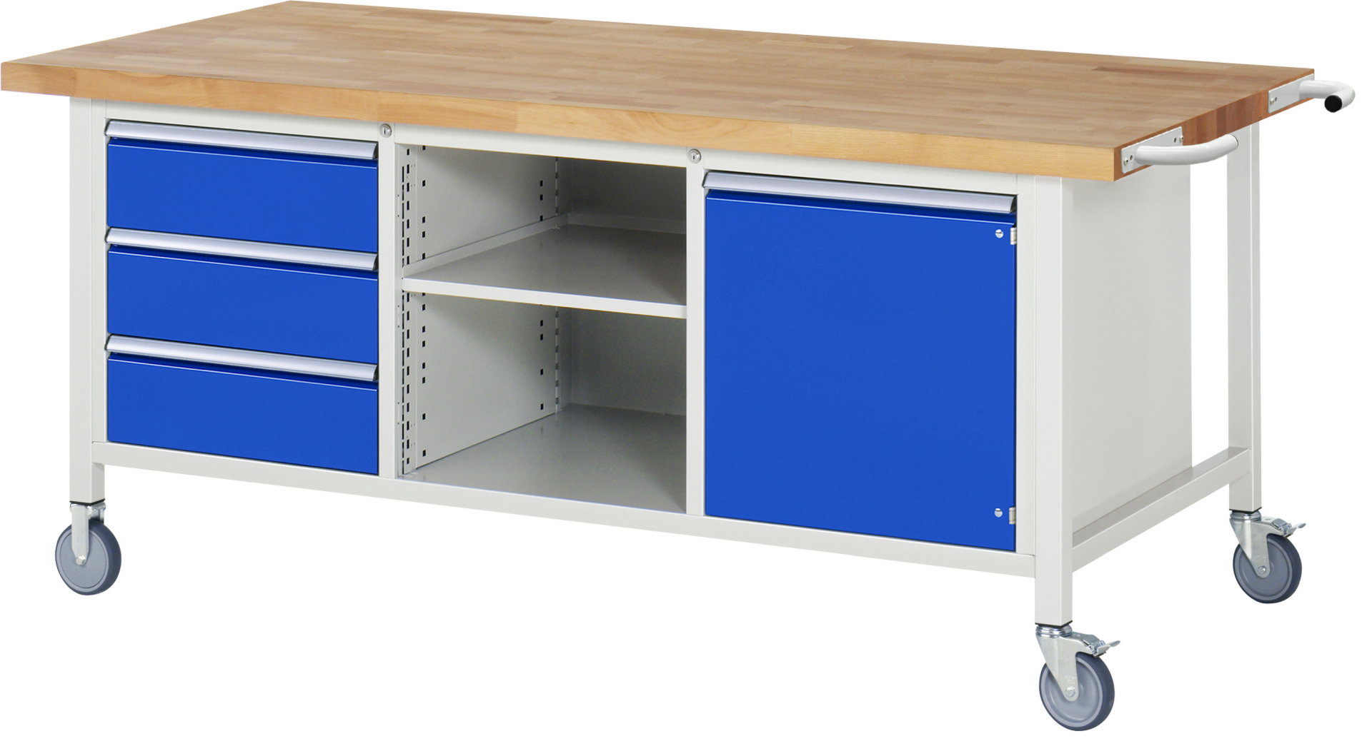 Fahrbare Werkbank Modell 8563 rot, BxTxH 2000x900x880-1080 mm,  Buche-Massiv Arbeitsplatte 40 mm,  3 Schubladen mit  Auszug 90 %