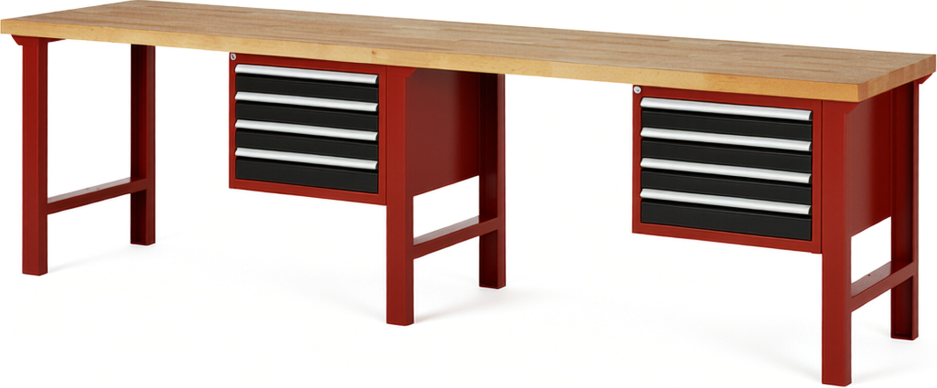 Werkbank Modell 7133 rot - schwarz, BxTxH 3000x700x840 mm,  Buche-Massiv Arbeitsplatte 40 mm,  8 Schubladen mit  Auszug 90 %