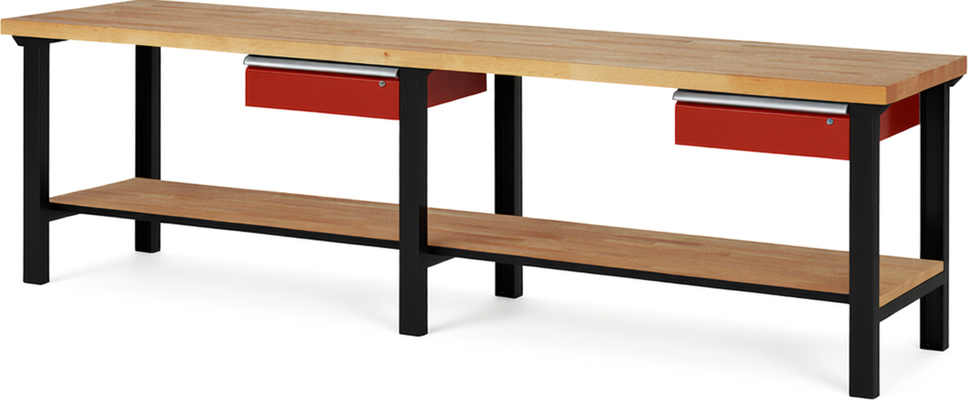 RAU Werkbank schwarz - rot - Breite 300 cm - Tiefe 70 cm - Höhe 84 cm - Buche-Massiv Arbeitsplatte 40 mm