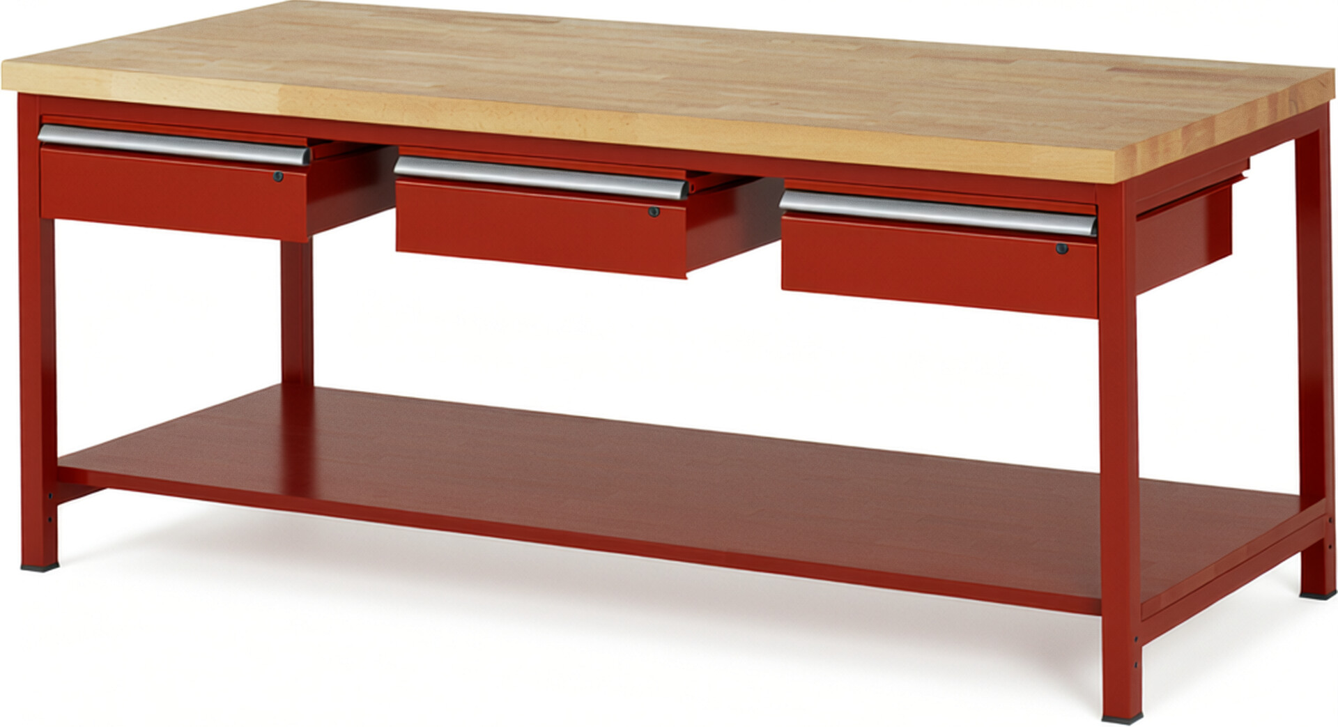 Werkbank Modell 8003 rot, BxTxH 2000x900x840 mm,  Buche-Massiv Arbeitsplatte 40 mm,  3 Schubladen mit  Auszug 90 %