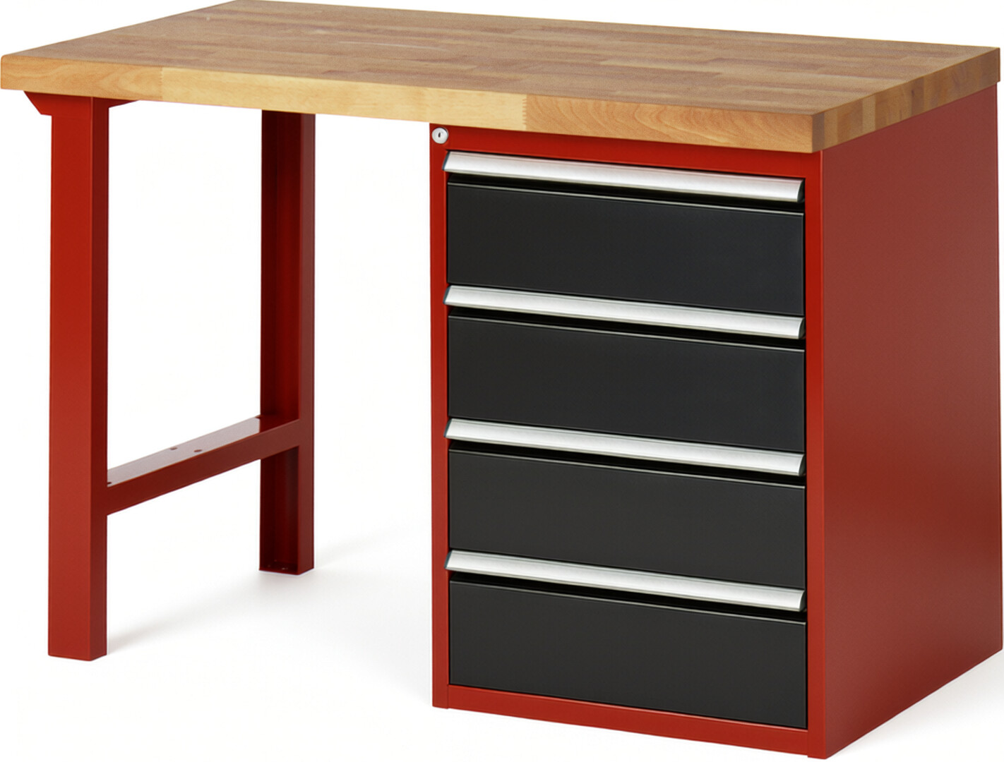 Werkbank Modell 7509 rot - schwarz, BxTxH 1250x700x840 mm,  Buche-Massiv Arbeitsplatte 40 mm,  4 Schubladen mit  Vollauszug 100 % und  SoftClosing