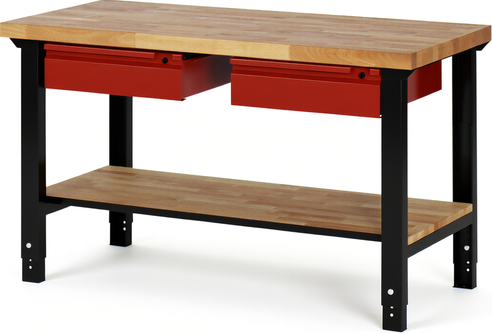 RAU Werkbank schwarz - rot - Breite 150 cm - Tiefe 70 cm - Höhe 114 cm - Buche-Massiv Arbeitsplatte 40 mm