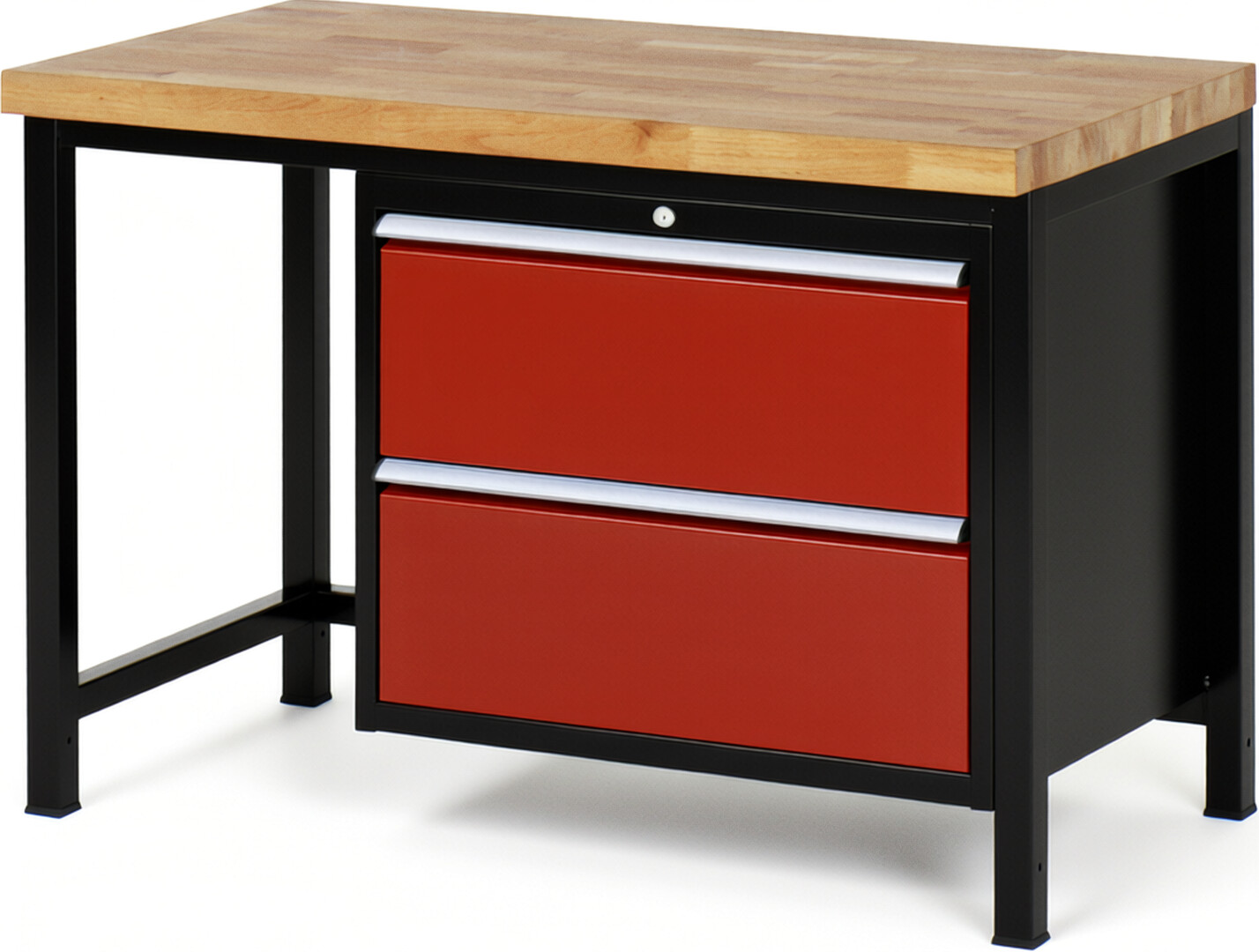 RAU Werkbank schwarz - rot - Breite 125 cm - Tiefe 70 cm - Höhe 104 cm - Buche-Massiv Arbeitsplatte 40 mm