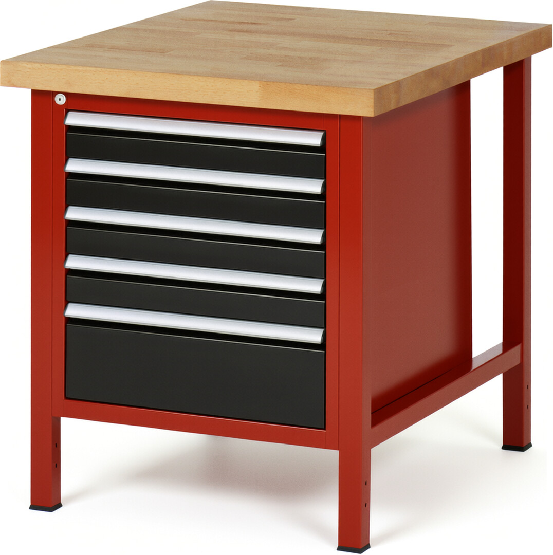 RAU Werkbank rot - schwarz - Breite 75 cm - Tiefe 90 cm - Höhe 84 cm - Buche-Massiv Arbeitsplatte 40 mm