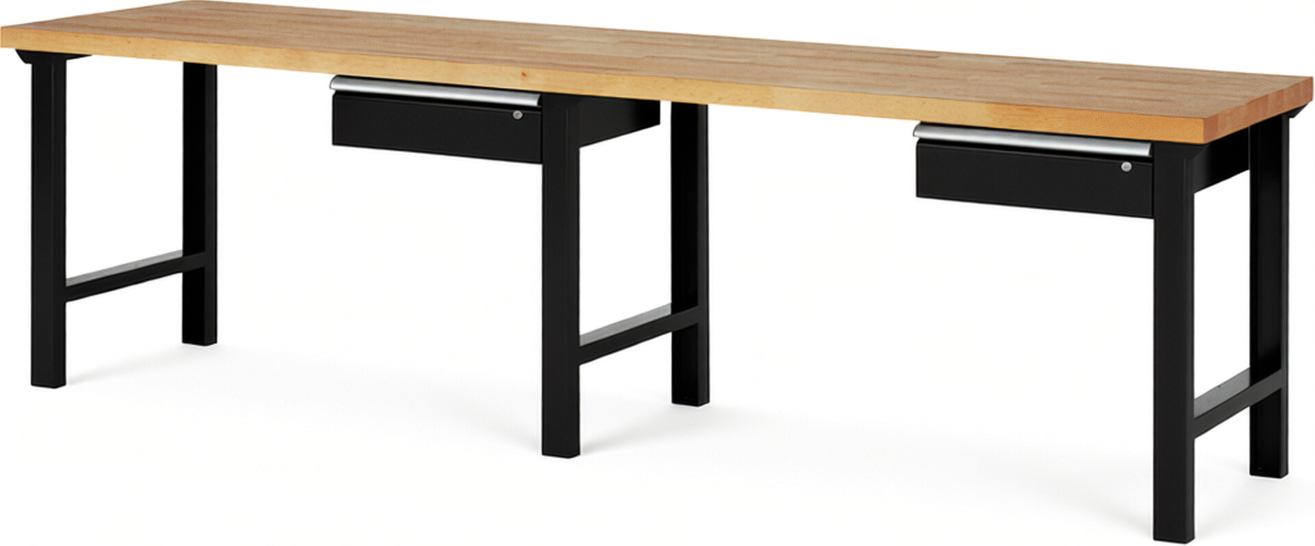 Werkbank Modell 7001 schwarz, BxTxH 3000x700x840 mm,  Buche-Massiv Arbeitsplatte 40 mm,  2 Schubladen mit  Auszug 90 %