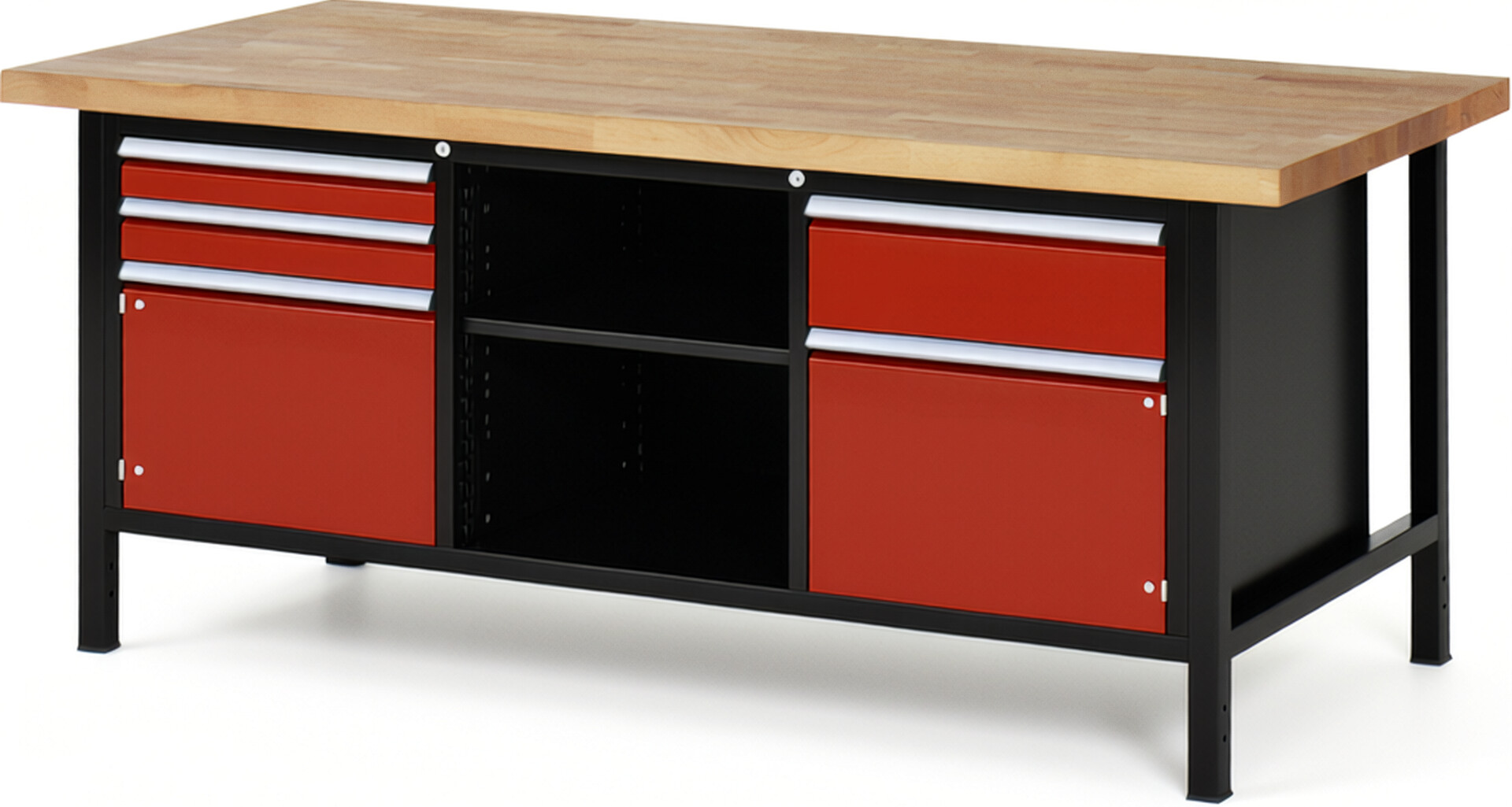 RAU Werkbank schwarz - rot - Breite 200 cm - Tiefe 90 cm - Höhe 104 cm - Buche-Massiv Arbeitsplatte 40 mm