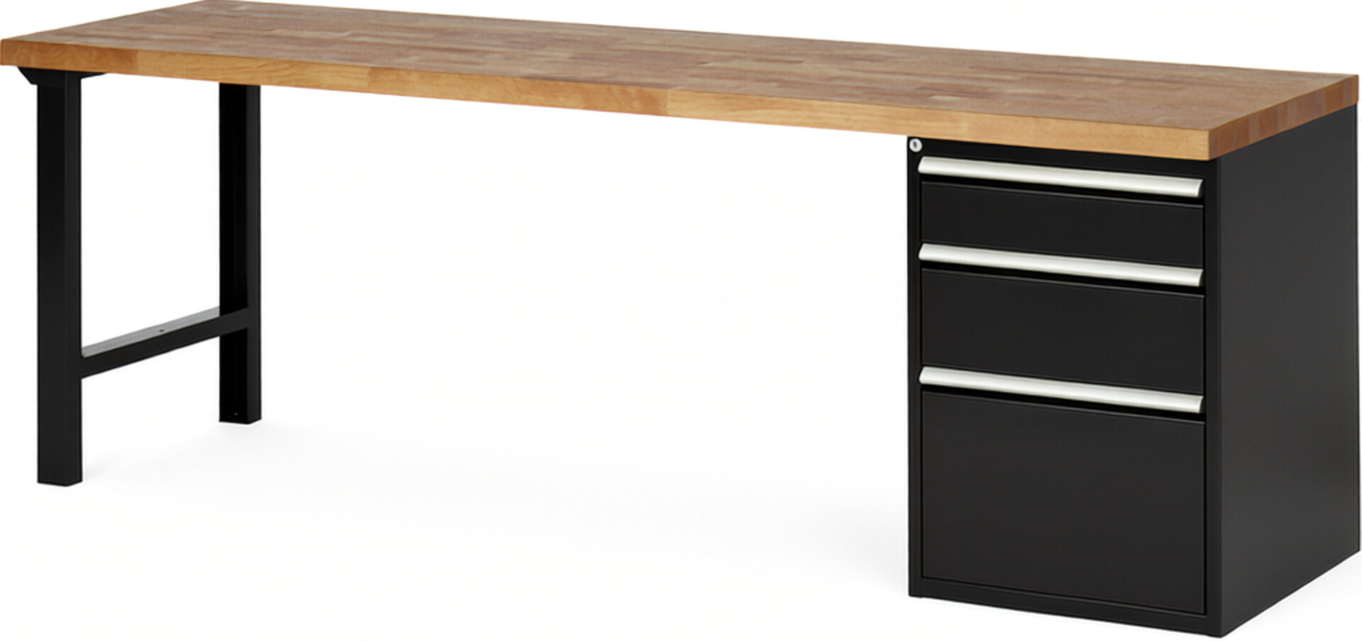 RAU Werkbank schwarz - Breite 250 cm - Tiefe 70 cm - Höhe 89 cm - Buche-Massiv Arbeitsplatte 40 mm