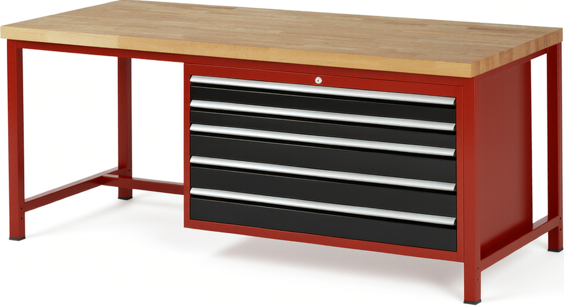 Werkbank Modell 8371 rot - schwarz, BxTxH 2000x900x840 mm,  Buche-Massiv Arbeitsplatte 40 mm,  5 Schubladen mit  Auszug 90 %