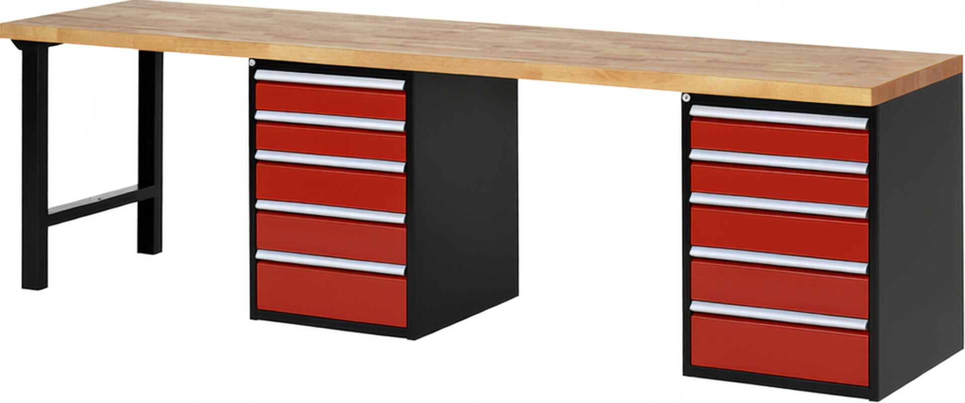 Werkbank Modell 7513 schwarz-rot, BxTxH 3000x700x890 mm,  Buche-Massiv Arbeitsplatte 40 mm,  10 Schubladen mit  Auszug 90 %