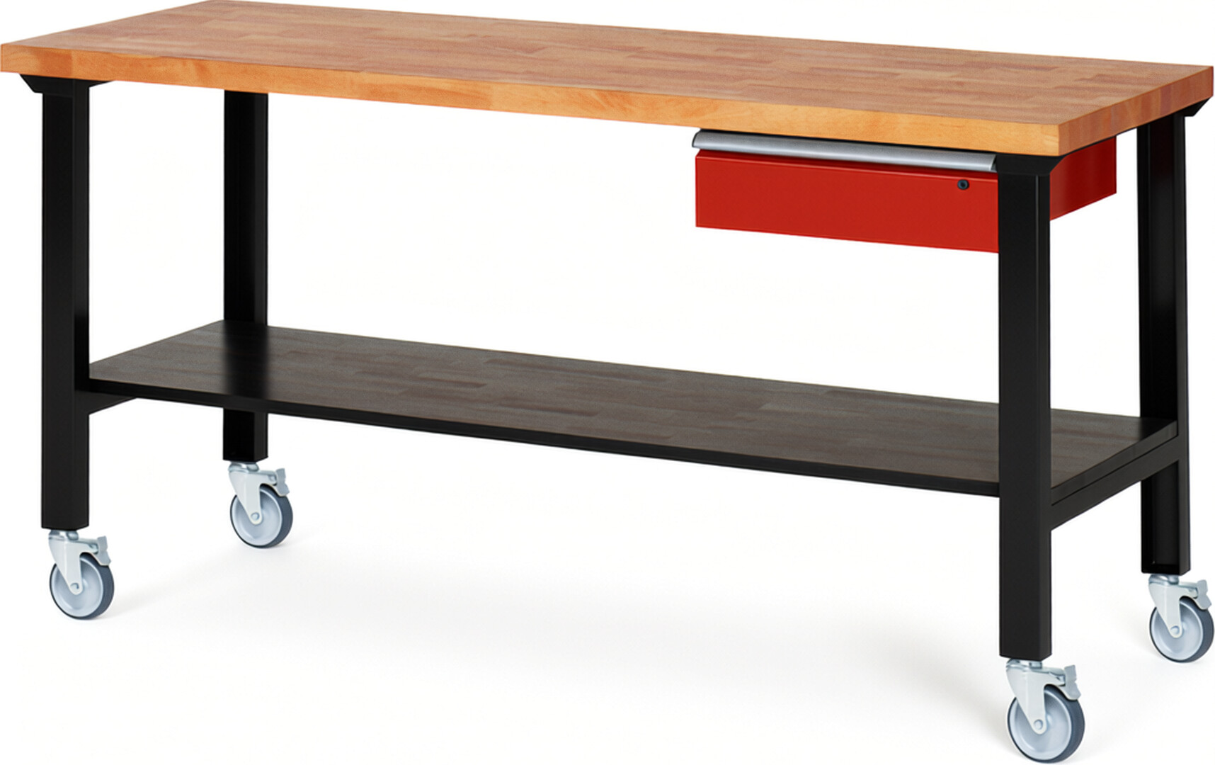 Fahrbare Werkbank Modell 7001 schwarz-rot, BxTxH 2000x700x1000 mm,  Buche-Massiv Arbeitsplatte 40 mm,  1 Schublade mit  Auszug 90 %