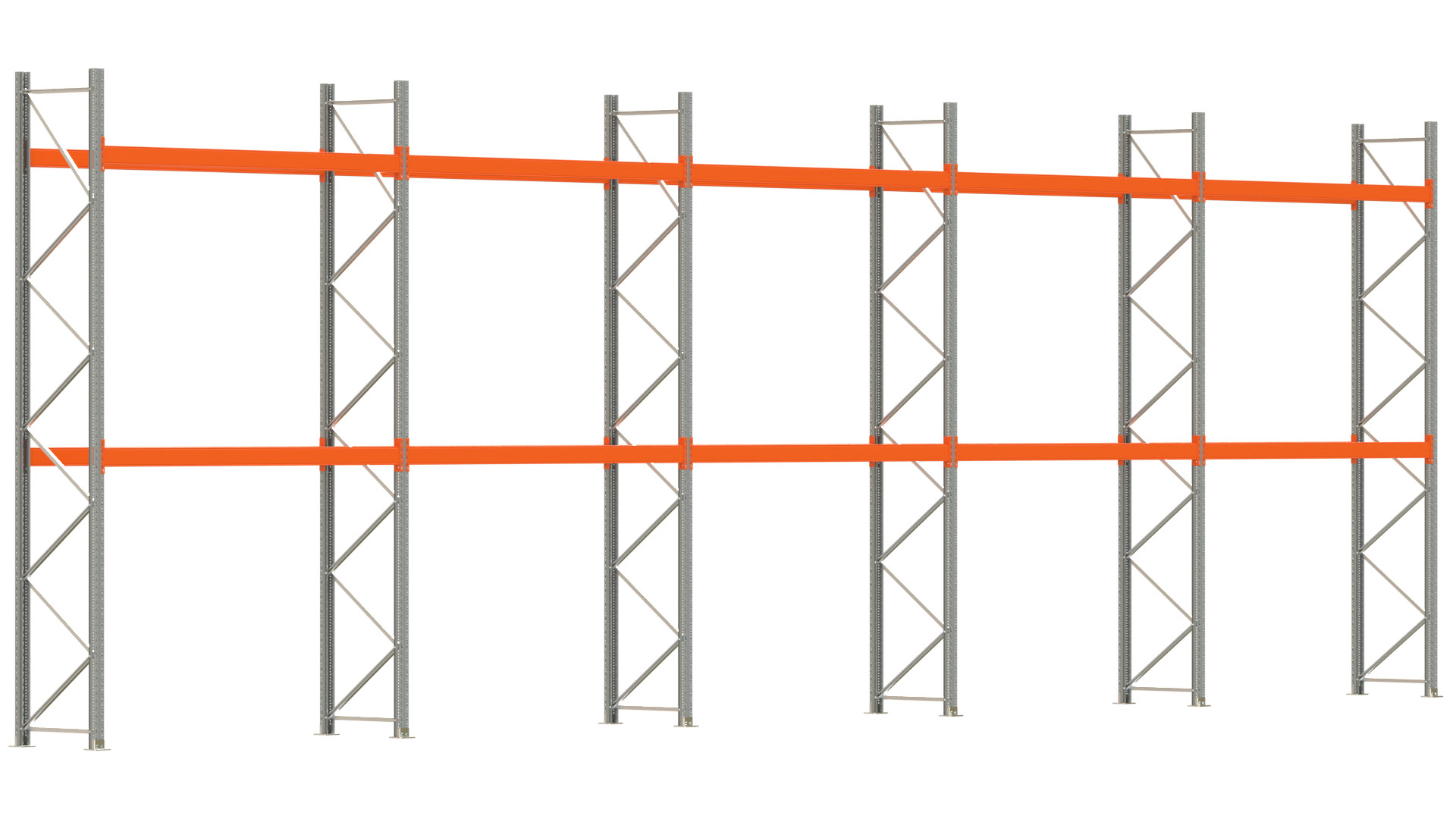 Palettenregal ARTUS - Breite 1401 cm - Höhe 450 cm - Tiefe 80 cm - 2 Träger-Ebenen - max. Fachlast 3000 kg - 30 Palettenstellplätze