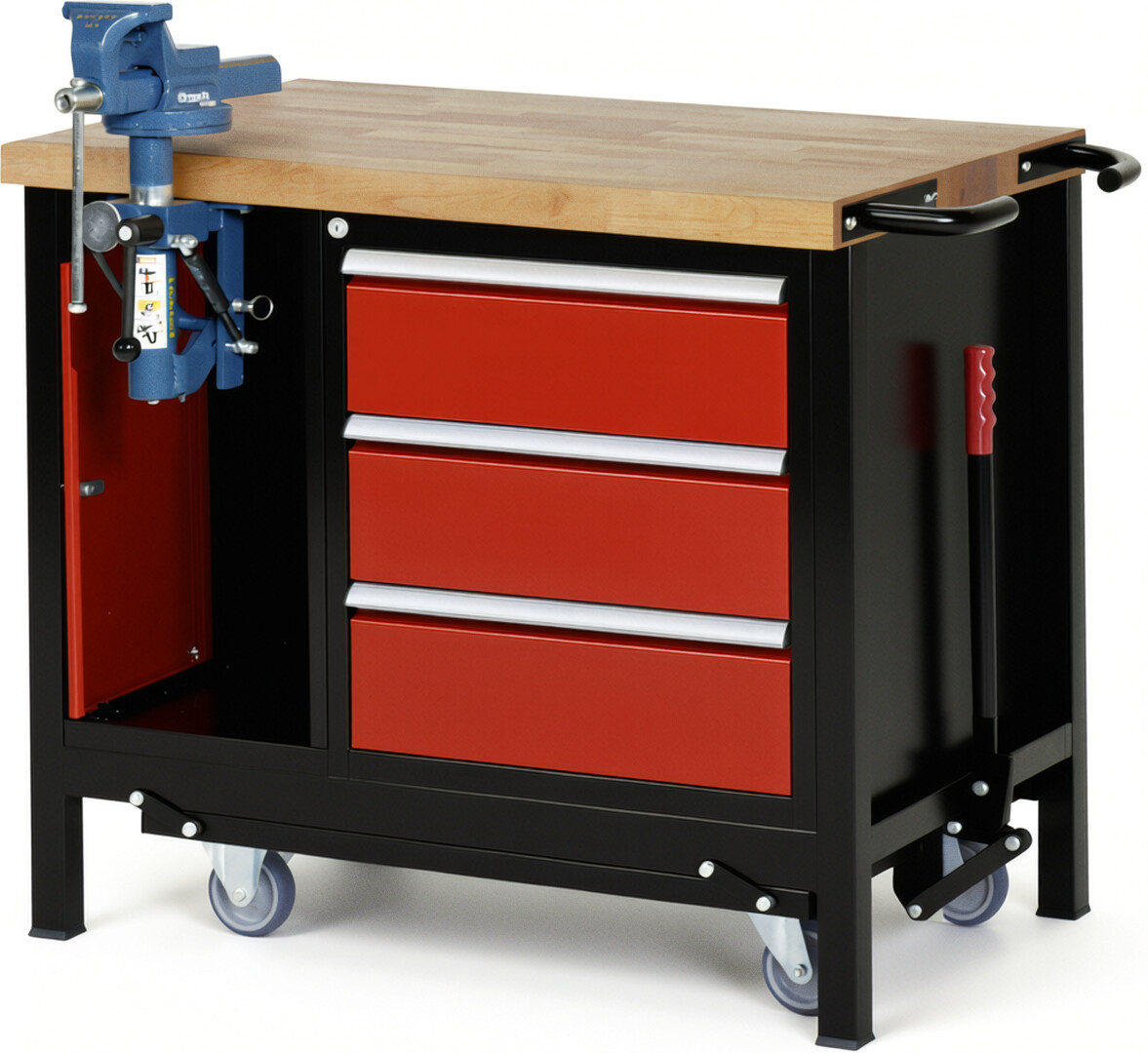 RAU Werkbank schwarz - rot - Breite 100 cm - Tiefe 70 cm - Höhe 88 cm - Buche-Massiv Arbeitsplatte 40 mm