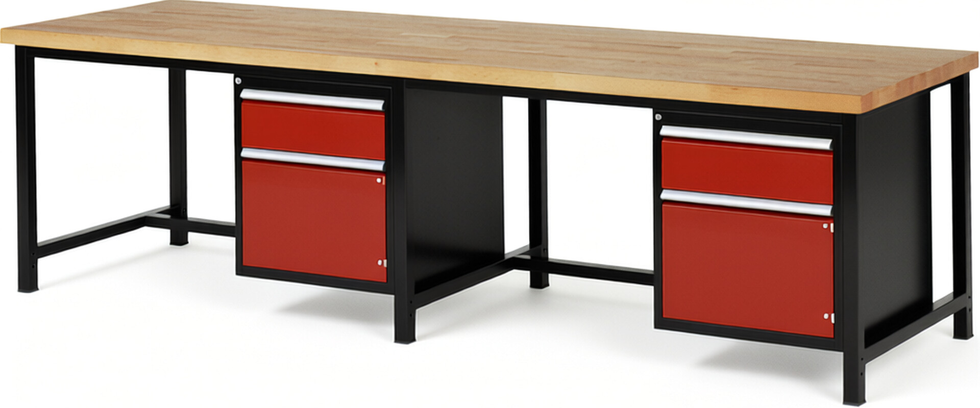 RAU Werkbank schwarz - rot - Breite 300 cm - Tiefe 90 cm - Höhe 104 cm - Buche-Massiv Arbeitsplatte 40 mm