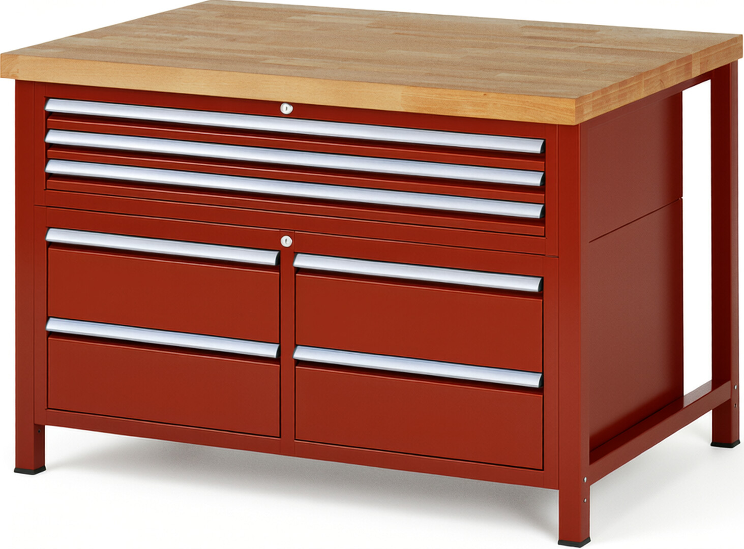 Werkbank Modell 8924 rot, BxTxH 1250x900x840 mm,  Buche-Massiv Arbeitsplatte 40 mm,  7 Schubladen mit  Auszug 90 %