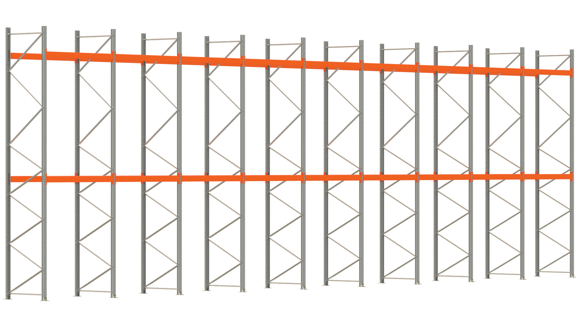Palettenregal ARTUS - Breite 1795 cm - Höhe 550 cm - Tiefe 110 cm - 2 Träger-Ebenen - max. Fachlast 3000 kg - 54 Palettenstellplätze