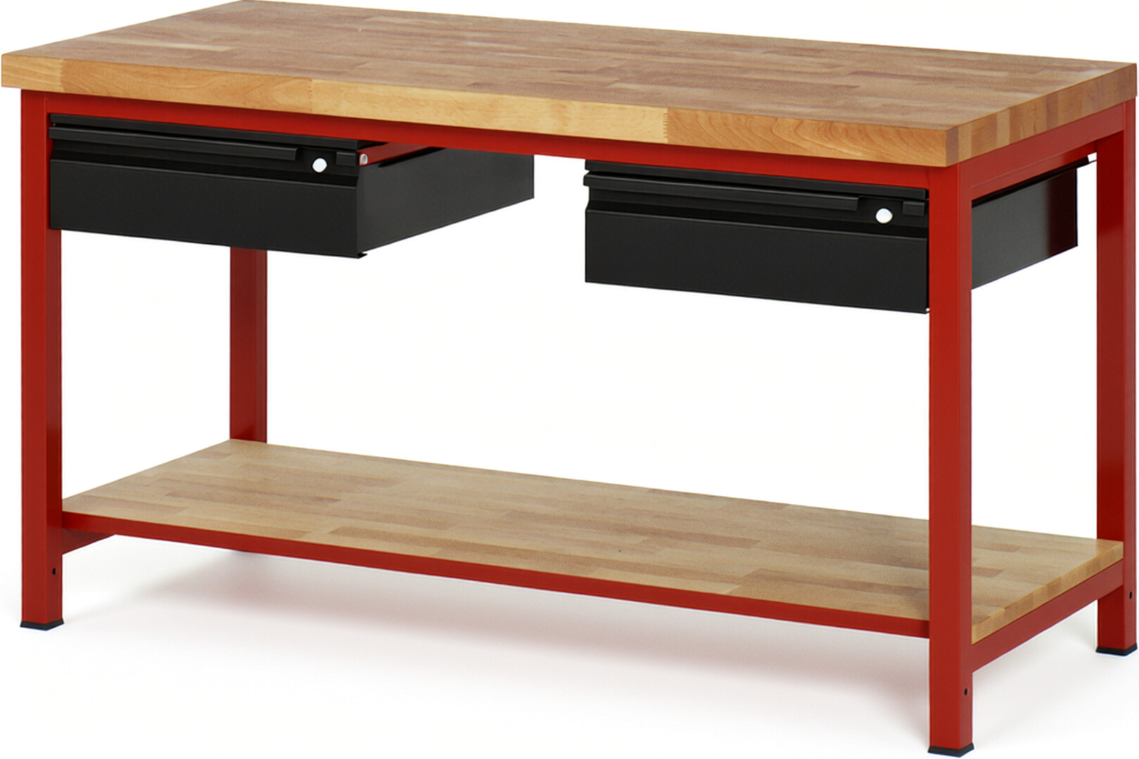 Werkbank - Modell 8002 BASIC rot - schwarz, BxTxH 1500x700x840 mm,  Buche-Massiv Arbeitsplatte 40 mm,  2 Schubladen mit  Auszug 90 %