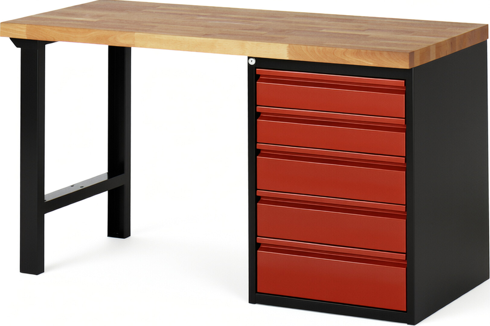 Werkbank schwarz - rot, Breite 150 cm, Tiefe 70 cm, Höhe 84 cm, 5 Schublade(n), Platte: Buche-Massiv-Arbeitsplatte