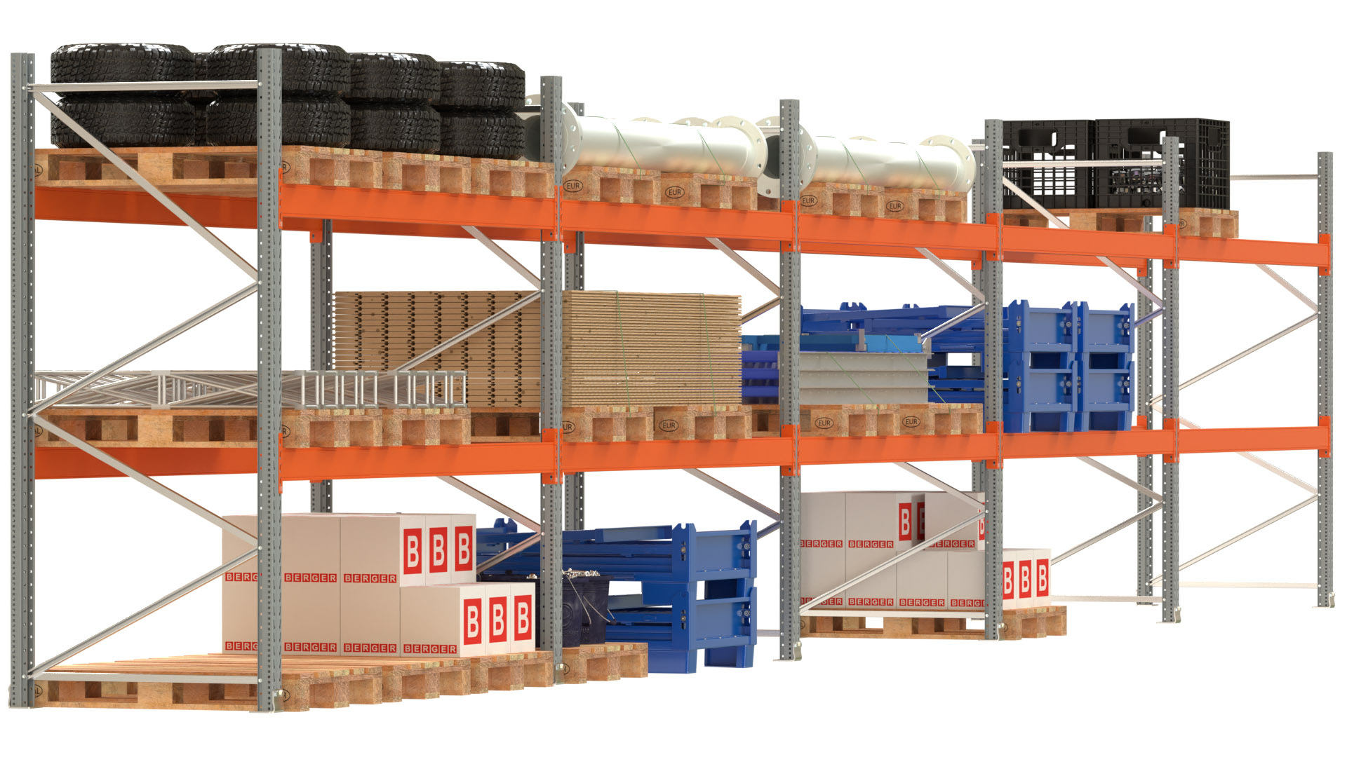 Palettenregal ARTUS - Breite 1401 cm - Höhe 250 cm - Tiefe 110 cm - 2 Träger-Ebenen - Fachlast 3000 kg - 45 Palettenstellplätze