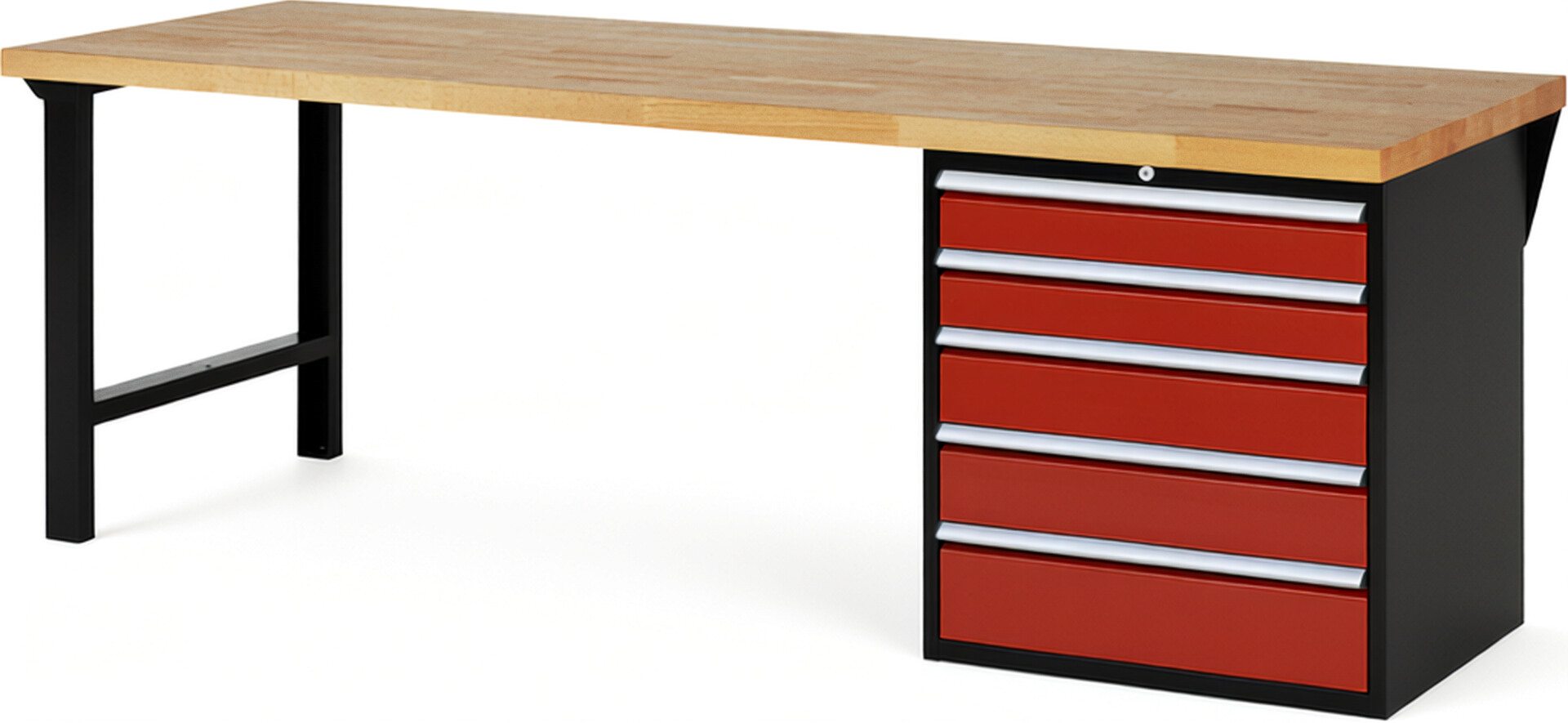 RAU Werkbank schwarz - rot - Breite 250 cm - Tiefe 90 cm - Höhe 89 cm - Buche-Massiv Arbeitsplatte 40 mm