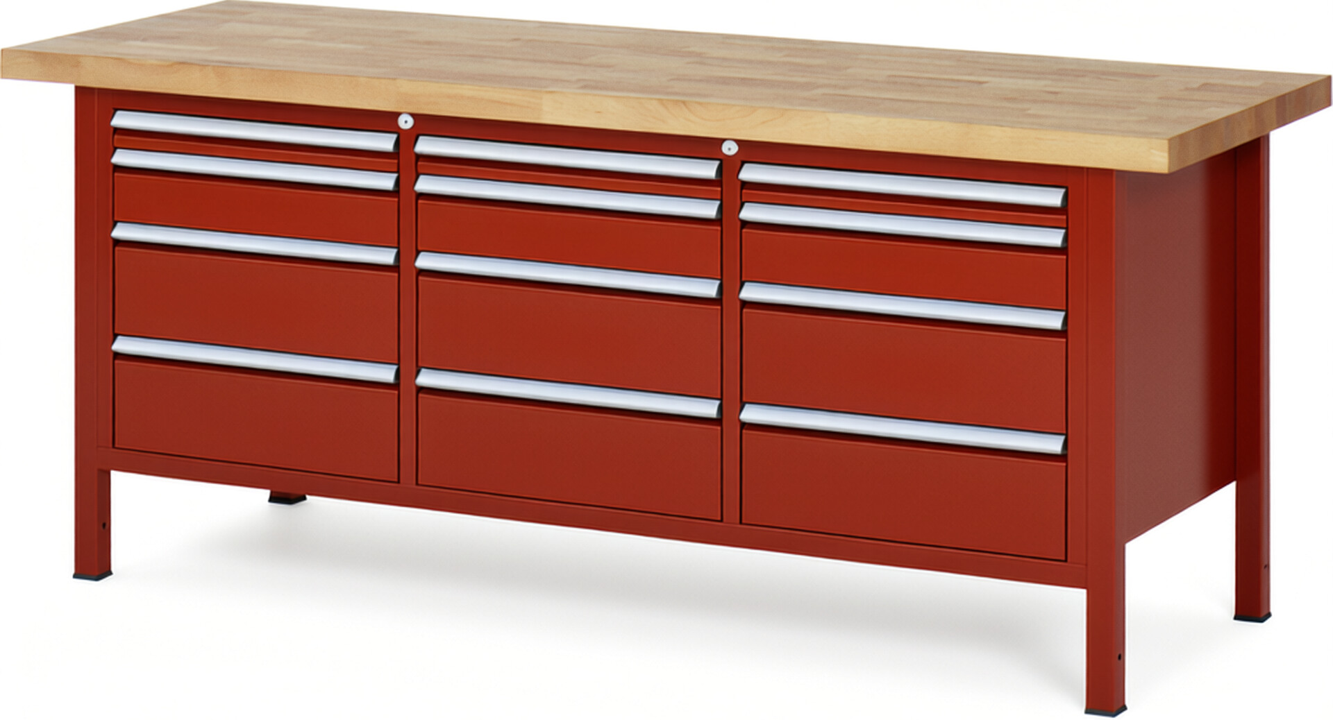 Werkbank Modell 8580 rot, BxTxH 2000x700x840 mm,  Buche-Massiv Arbeitsplatte 40 mm,  12 Schubladen mit  Vollauszug 100 % und  SoftClosing