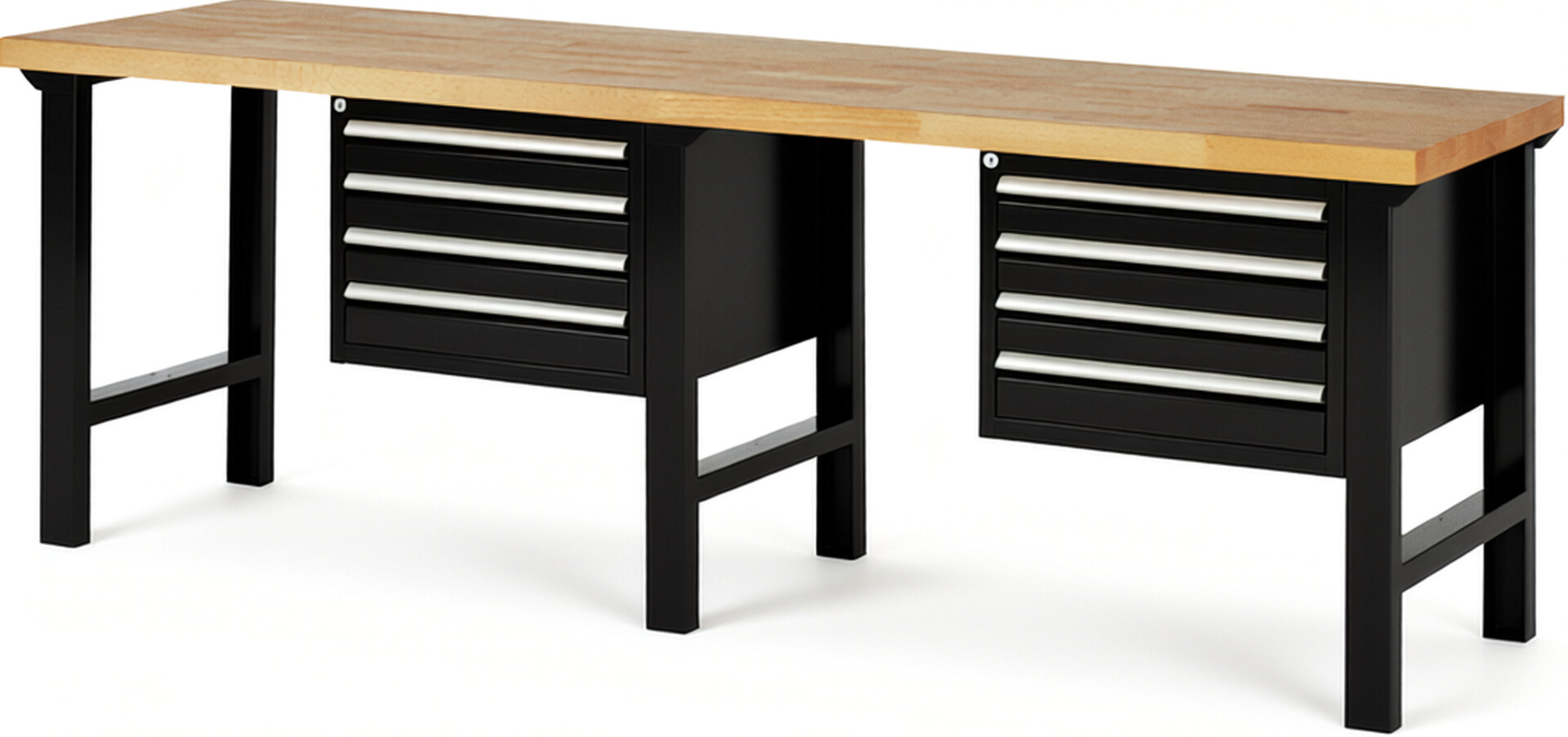 Werkbank Modell 7133 schwarz, BxTxH 2500x700x840 mm,  Buche-Massiv Arbeitsplatte 40 mm,  8 Schubladen mit  Vollauszug 100 % und  SoftClosing