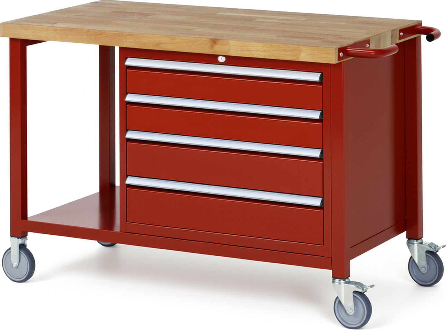 Fahrbare Werkbank Modell 8262 rot, BxTxH 1250x700x880 mm,  Buche-Massiv Arbeitsplatte 40 mm,  4 Schubladen mit  Auszug 90 %