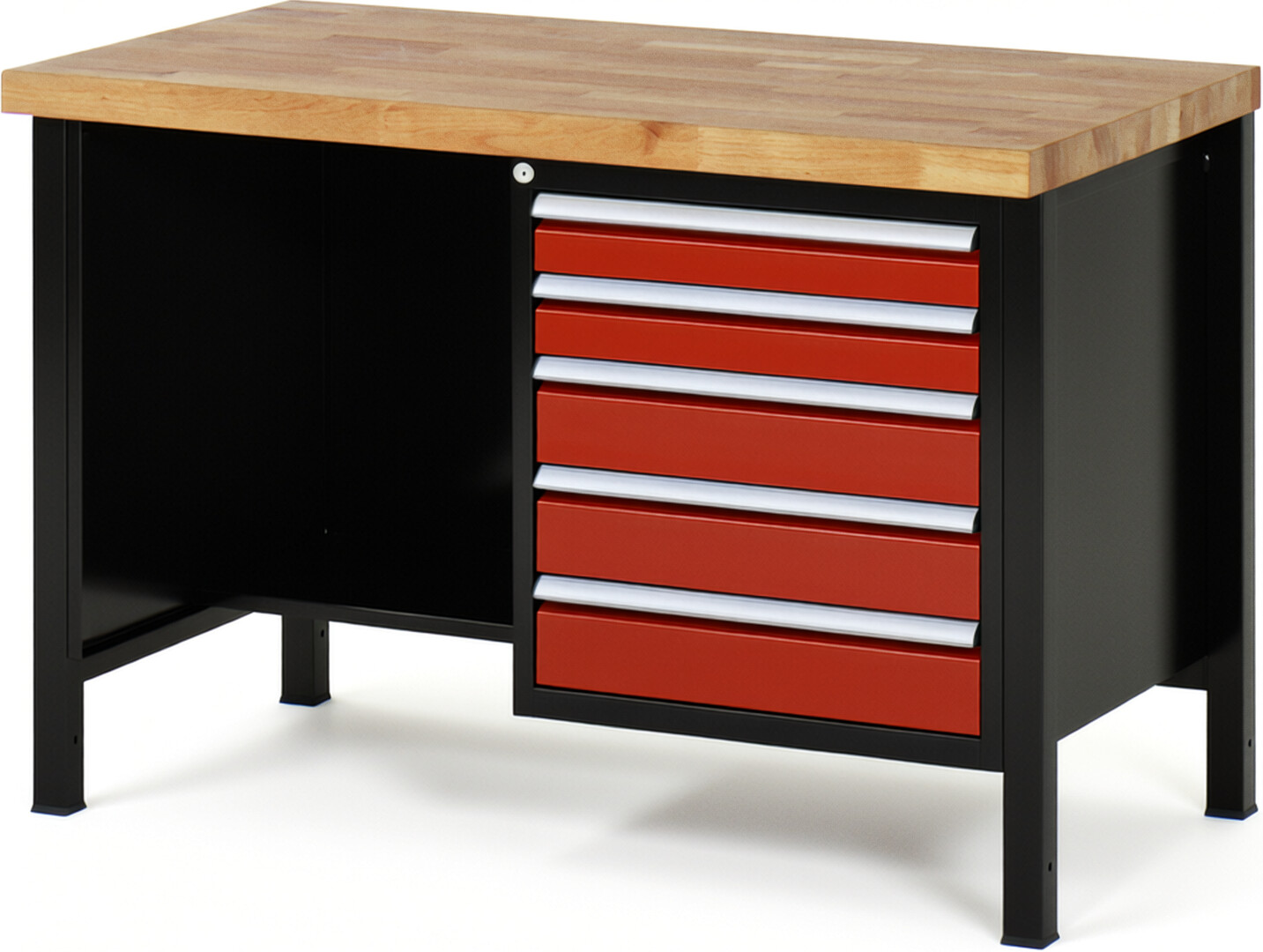 RAU Werkbank schwarz - rot - Breite 125 cm - Tiefe 70 cm - Höhe 104 cm - Buche-Massiv Arbeitsplatte 40 mm