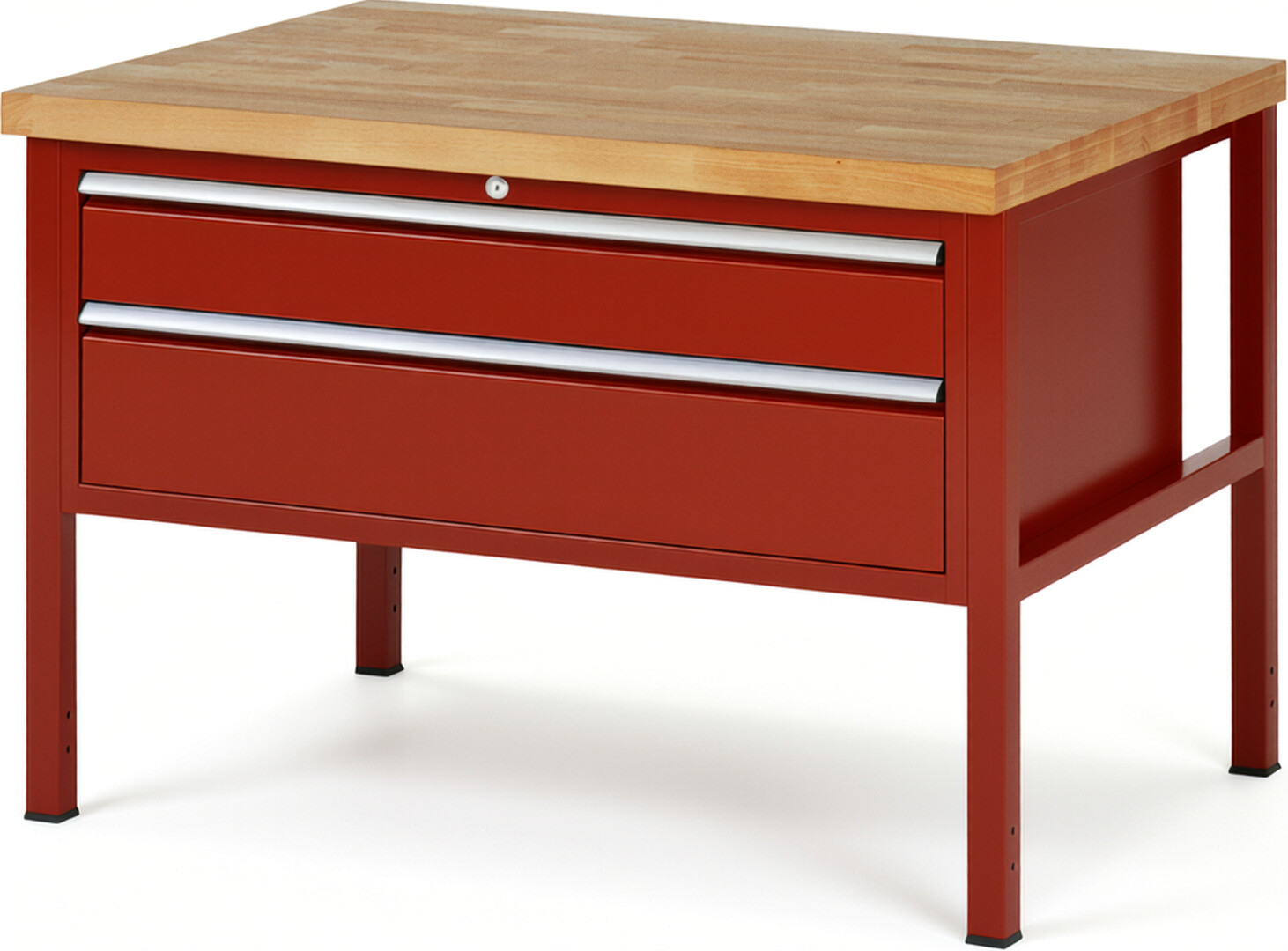 Werkbank Modell 8323 rot, BxTxH 1250x900x840-1040 mm,  Buche-Massiv Arbeitsplatte 40 mm,  2 Schubladen mit  Vollauszug 100 % und  SoftClosing