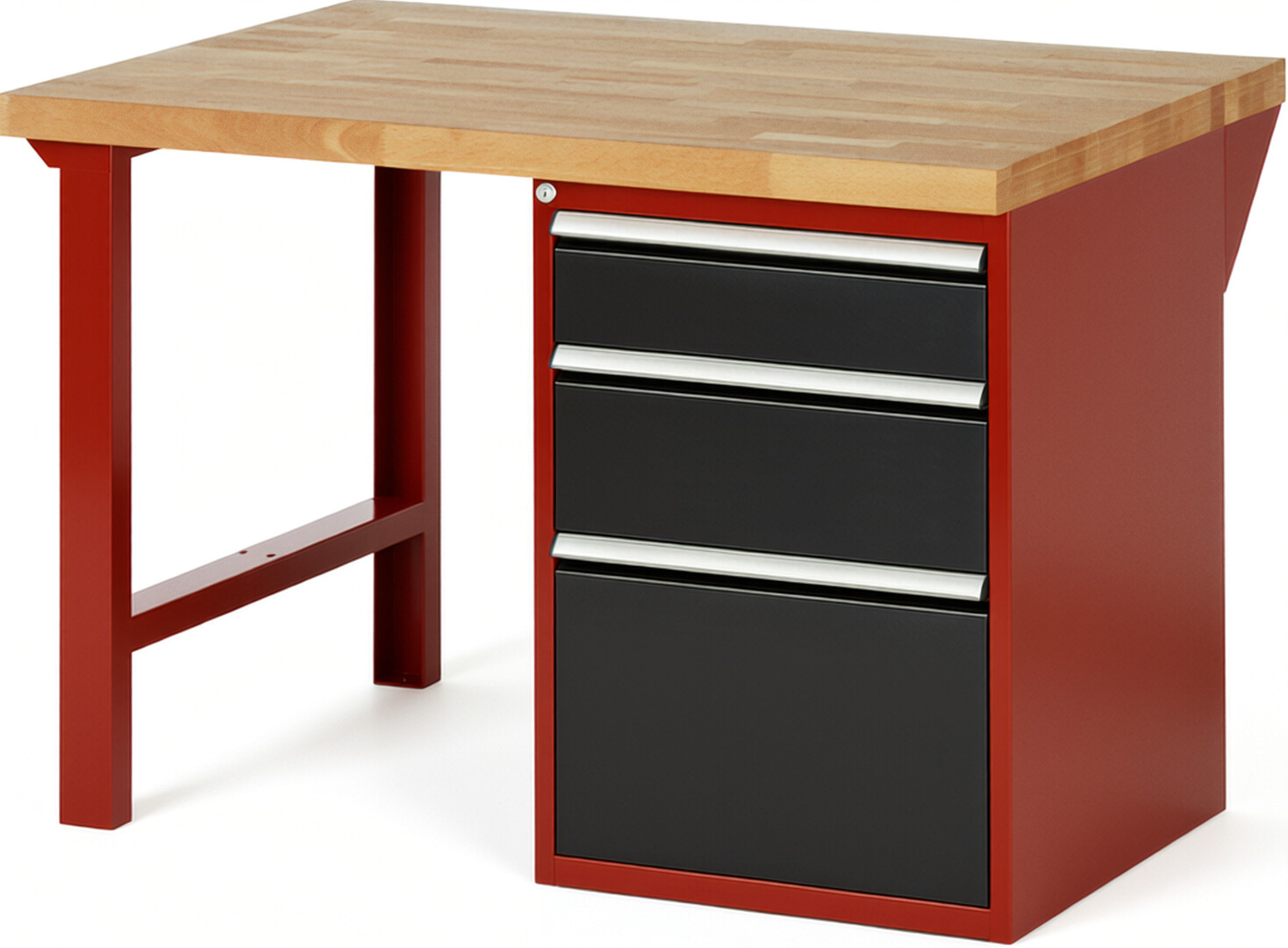 Werkbank Modell 7508 rot - schwarz, BxTxH 1250x900x890 mm,  Buche-Massiv Arbeitsplatte 40 mm,  3 Schubladen mit  Auszug 90 %