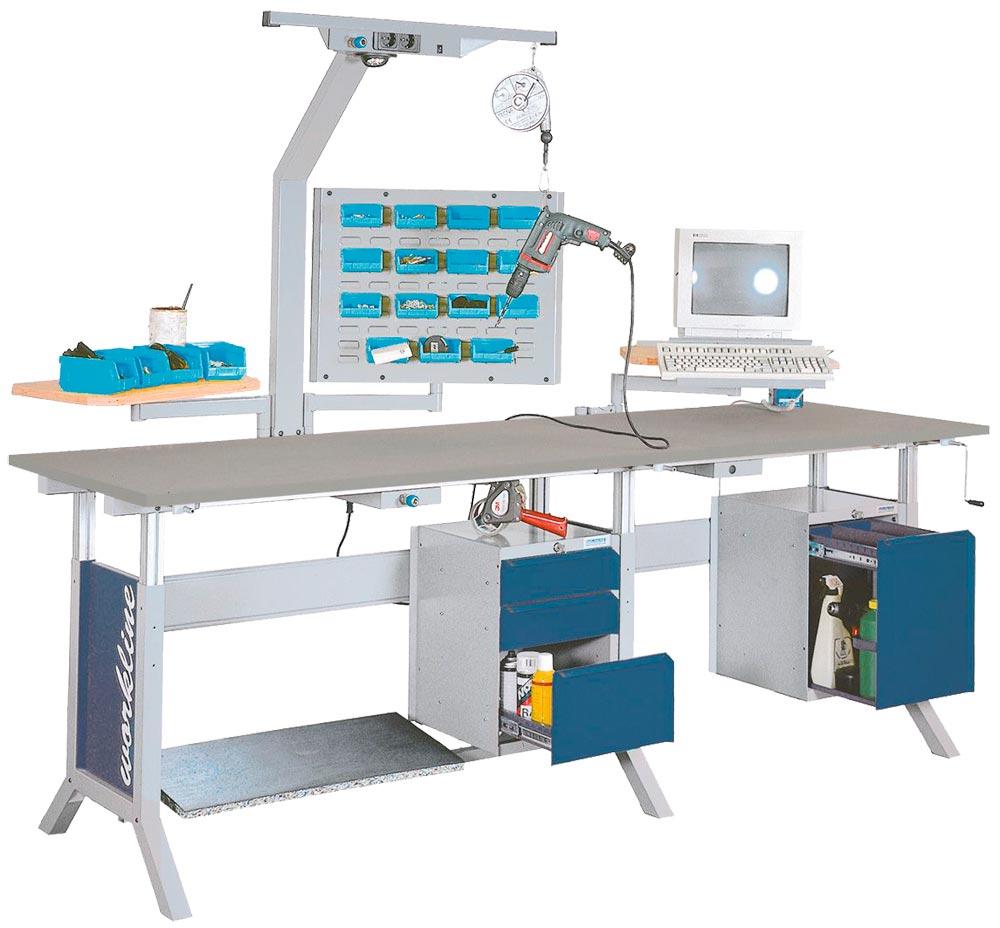 Steharbeitsplatz, Arbeitsplatzsystem, Spankern-Platte Melaminharzbesch., stufenlose Höhenverst. mit Kurbel, BxTxH 1500x750x735-1100 mm, 2 Aufbaugest., RAL 7035/5013