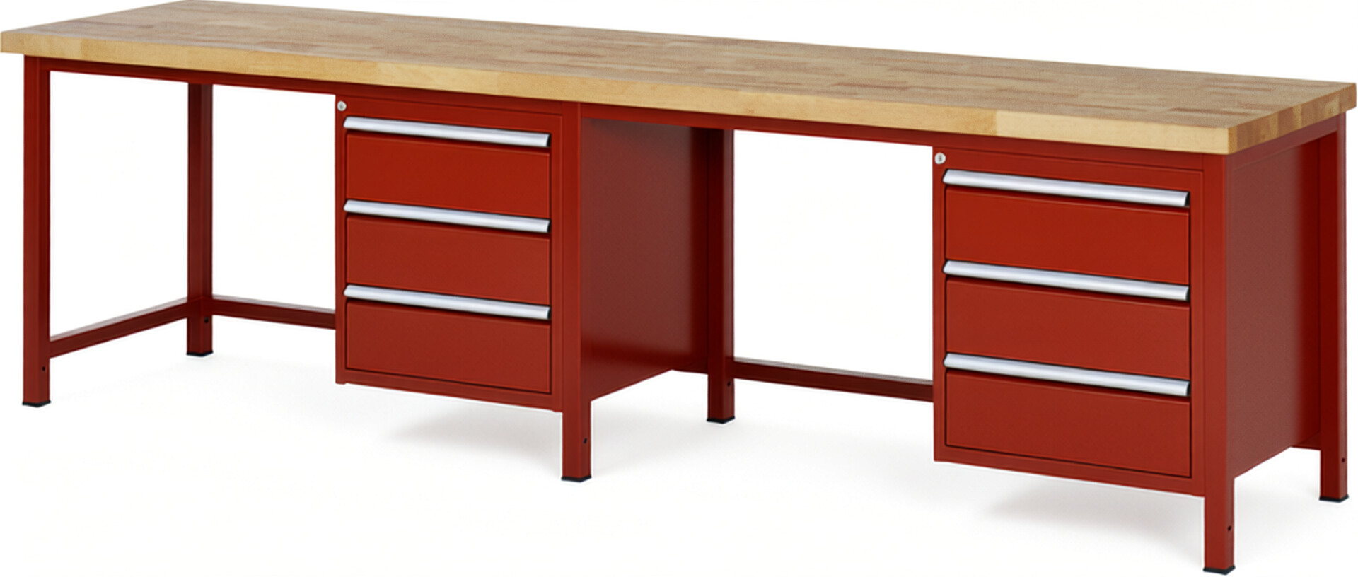 Werkbank Modell 8157 rot, BxTxH 3000x700x840 mm,  Buche-Massiv Arbeitsplatte 40 mm,  6 Schubladen mit  Auszug 90 %