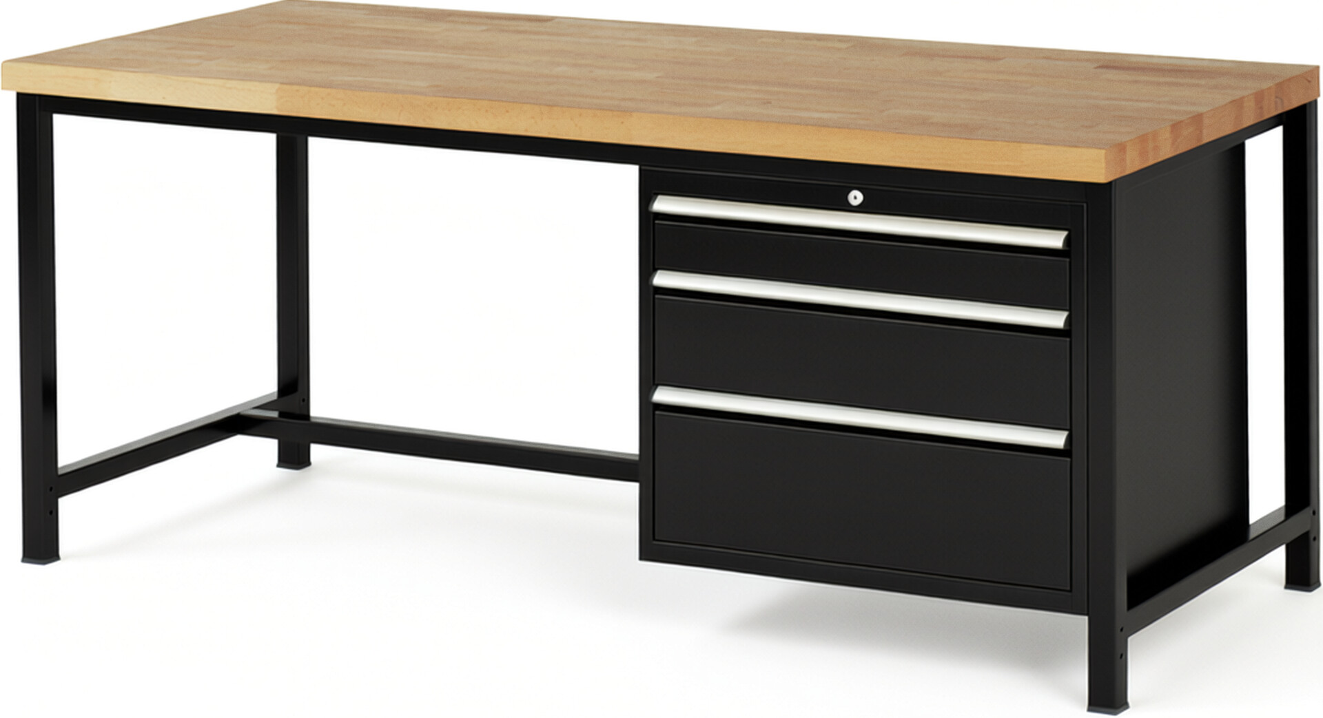 Werkbank Modell 8259 schwarz, BxTxH 2000x900x840-1040 mm,  Buche-Massiv Arbeitsplatte 40 mm,  3 Schubladen mit  Vollauszug 100 % und  SoftClosing