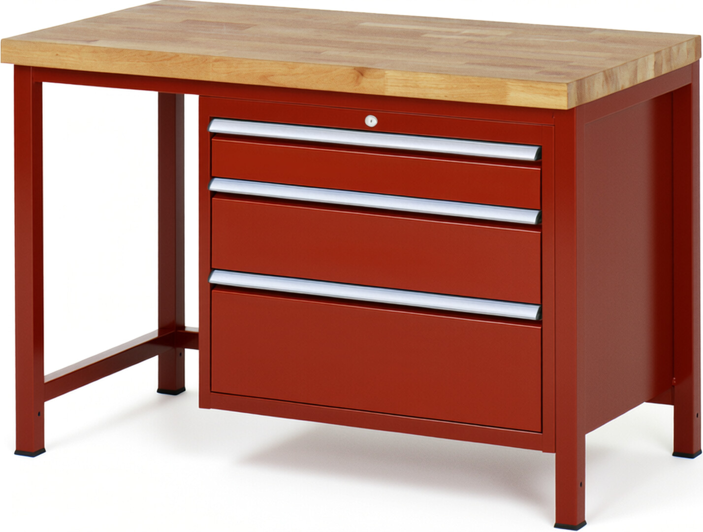 Werkbank Modell 8259 rot, BxTxH 1250x700x840-1040 mm,  Buche-Massiv Arbeitsplatte 40 mm,  3 Schubladen mit  Auszug 90 %