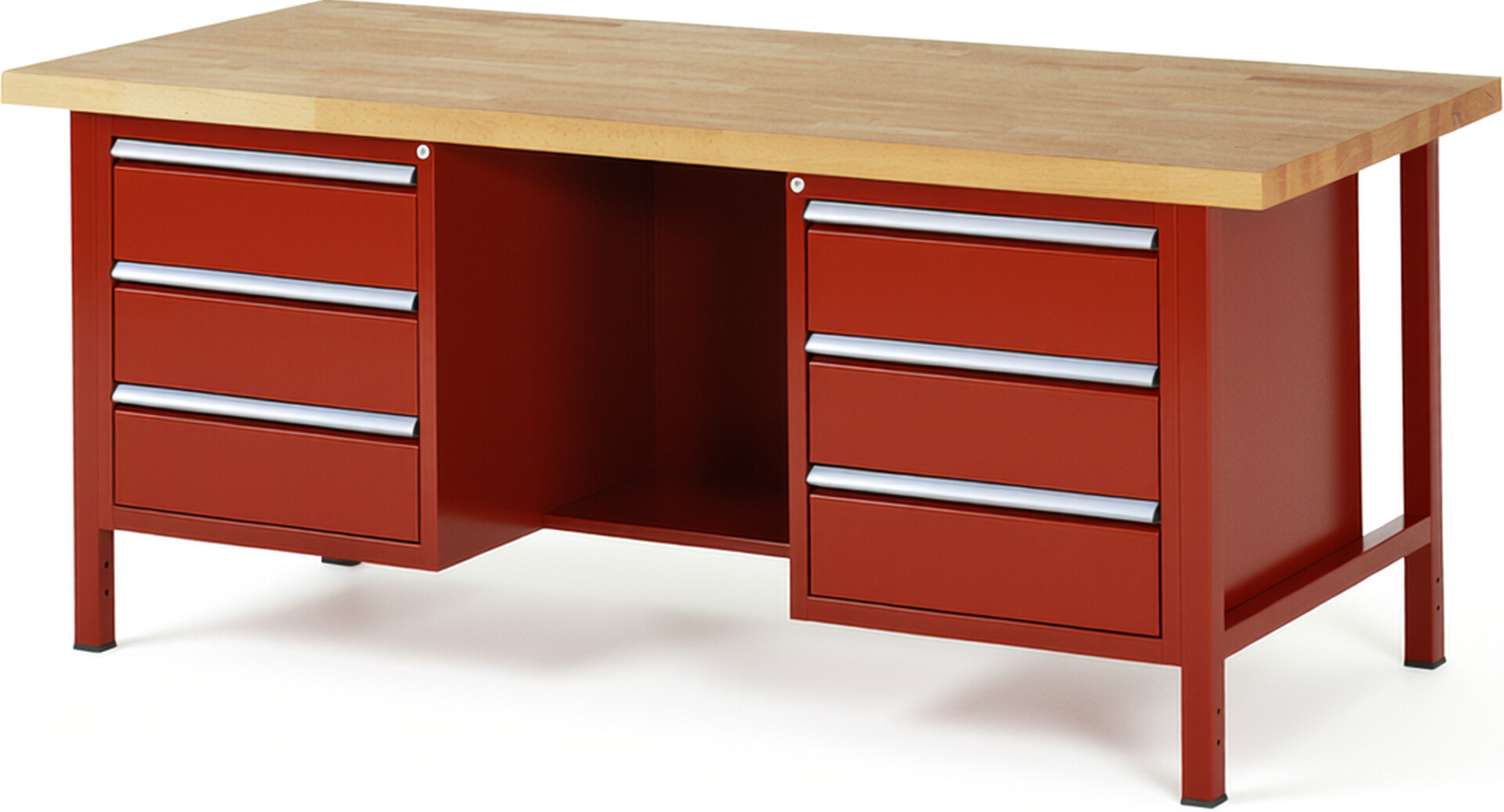Werkbank Modell 8554 rot, BxTxH 2000x900x840-1040 mm,  Buche-Massiv Arbeitsplatte 40 mm,  6 Schubladen mit  Vollauszug 100 % und  SoftClosing
