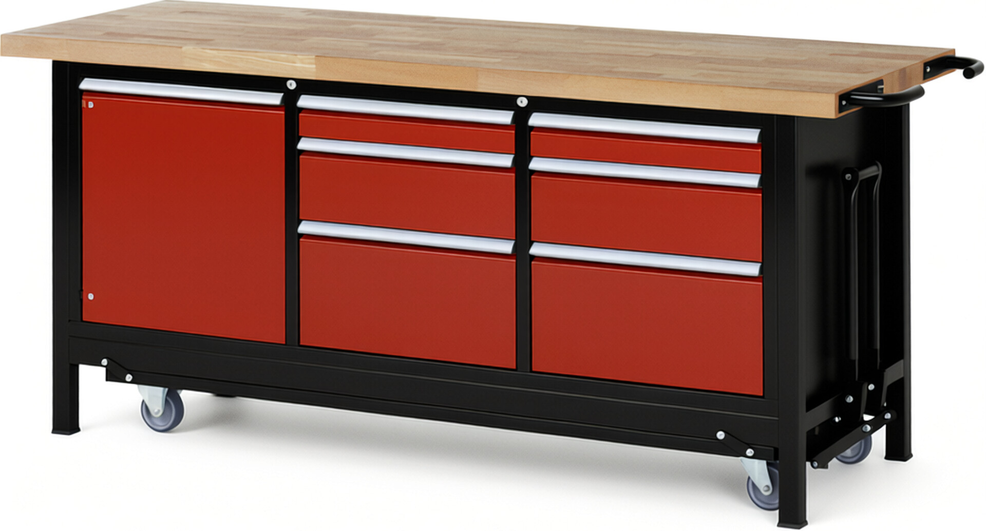 RAU Werkbank schwarz - rot - Breite 200 cm - Tiefe 70 cm - Höhe 88 cm - Buche-Massiv Arbeitsplatte 40 mm