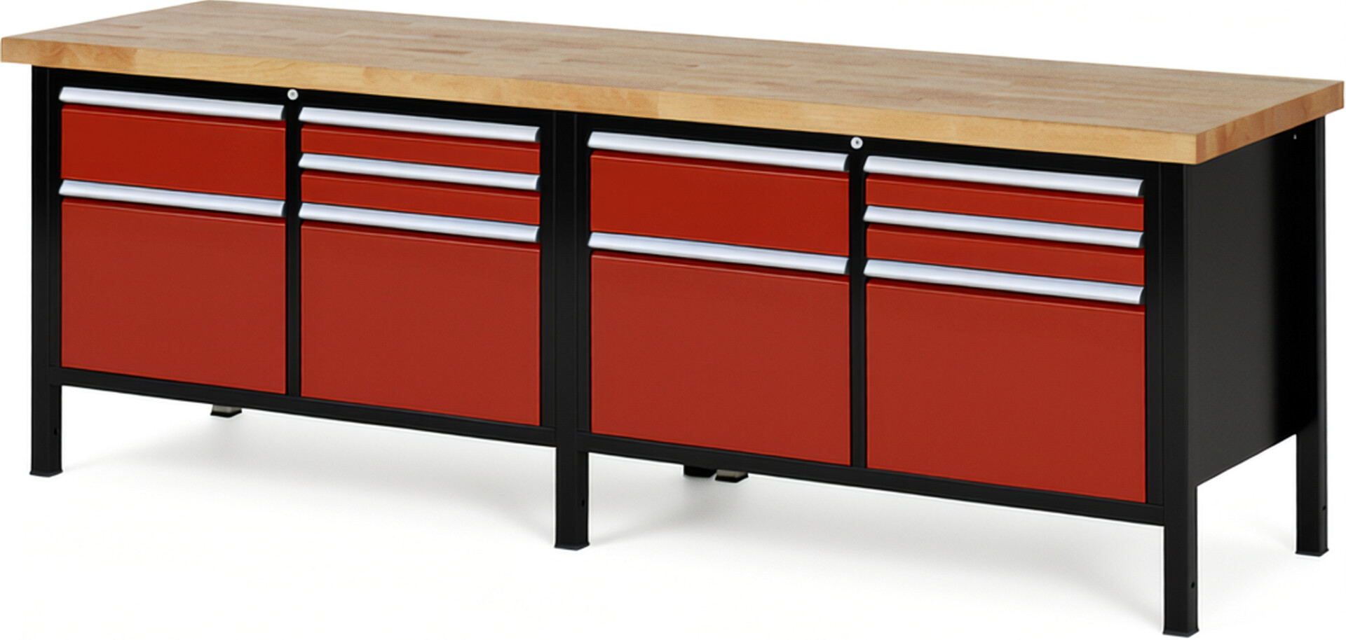 RAU Werkbank schwarz - rot - Breite 250 cm - Tiefe 70 cm - Höhe 104 cm - Buche-Massiv Arbeitsplatte 40 mm