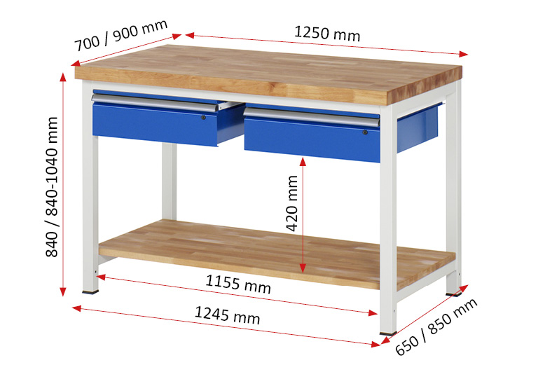 Werkbank Modell 8002,  BxTxH 1250x900x840-1040 mm,  Buche-Massiv Arbeitsplatte 40 mm,  2 Schubladen mit  Auszug 90 %