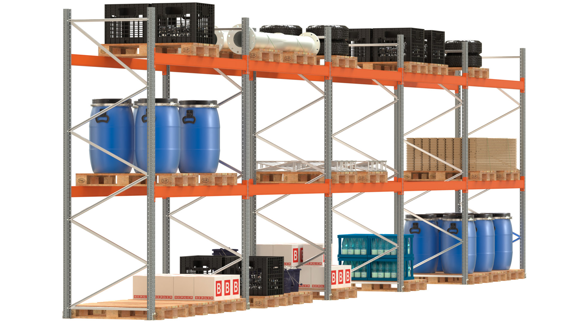 Palettenregal ARTUS - Breite 1401 cm - Höhe 350 cm - Tiefe 110 cm - 2 Träger-Ebenen - Fachlast 3000 kg - 45 Palettenstellplätze