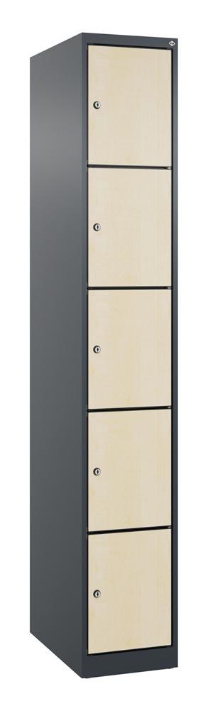 Fächerschrank mit MDF Türen, BxTxH 300x500x1.850 mm, 1x5 Fächer, Abteilbreite 300 mm, bodenstehend, Schloss, HPL-Dekorfront, RAL 7016/Dekor Ahorn