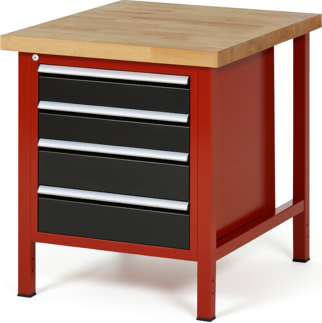 Werkbank Modell 8162 rot - schwarz, BxTxH 750x900x840-1040 mm,  Buche-Massiv Arbeitsplatte 40 mm,  4 Schubladen mit  Vollauszug 100 % und  SoftClosing