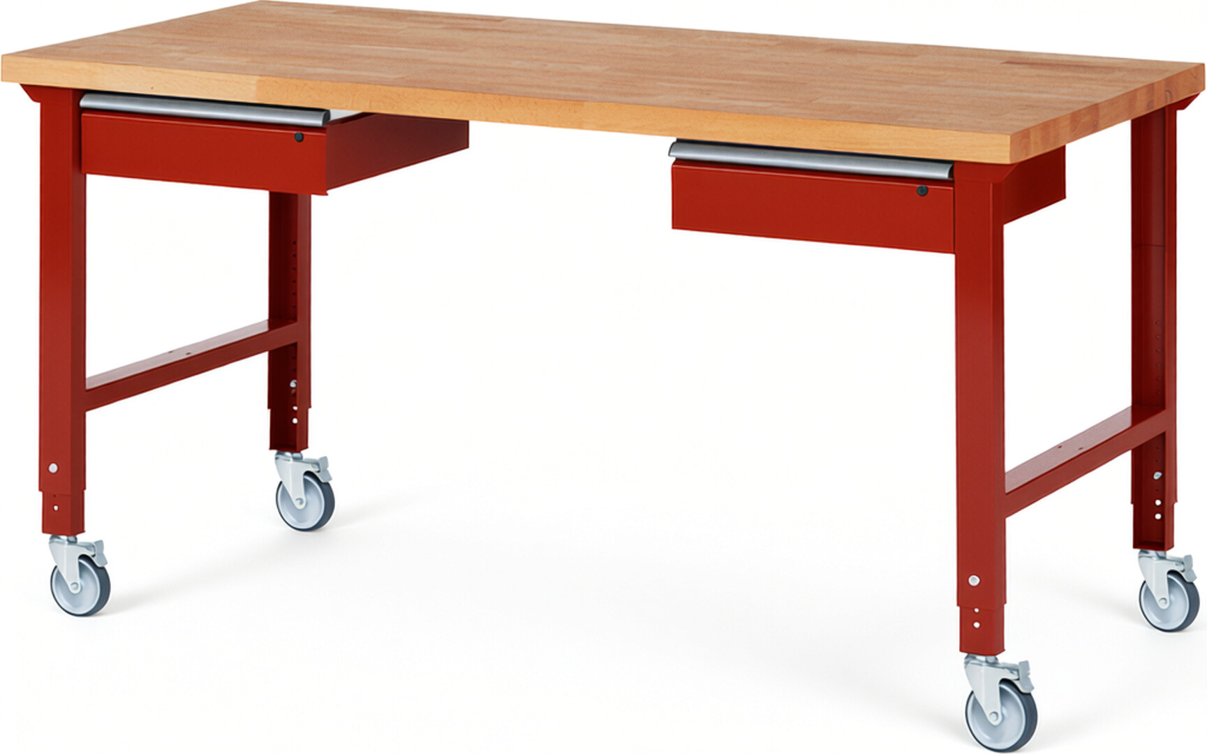 Fahrbare Werkbank Modell 7002 rot, BxTxH 2000x900x950-1000 mm,  Buche-Massiv Arbeitsplatte 40 mm,  2 Schubladen mit  Auszug 90 %